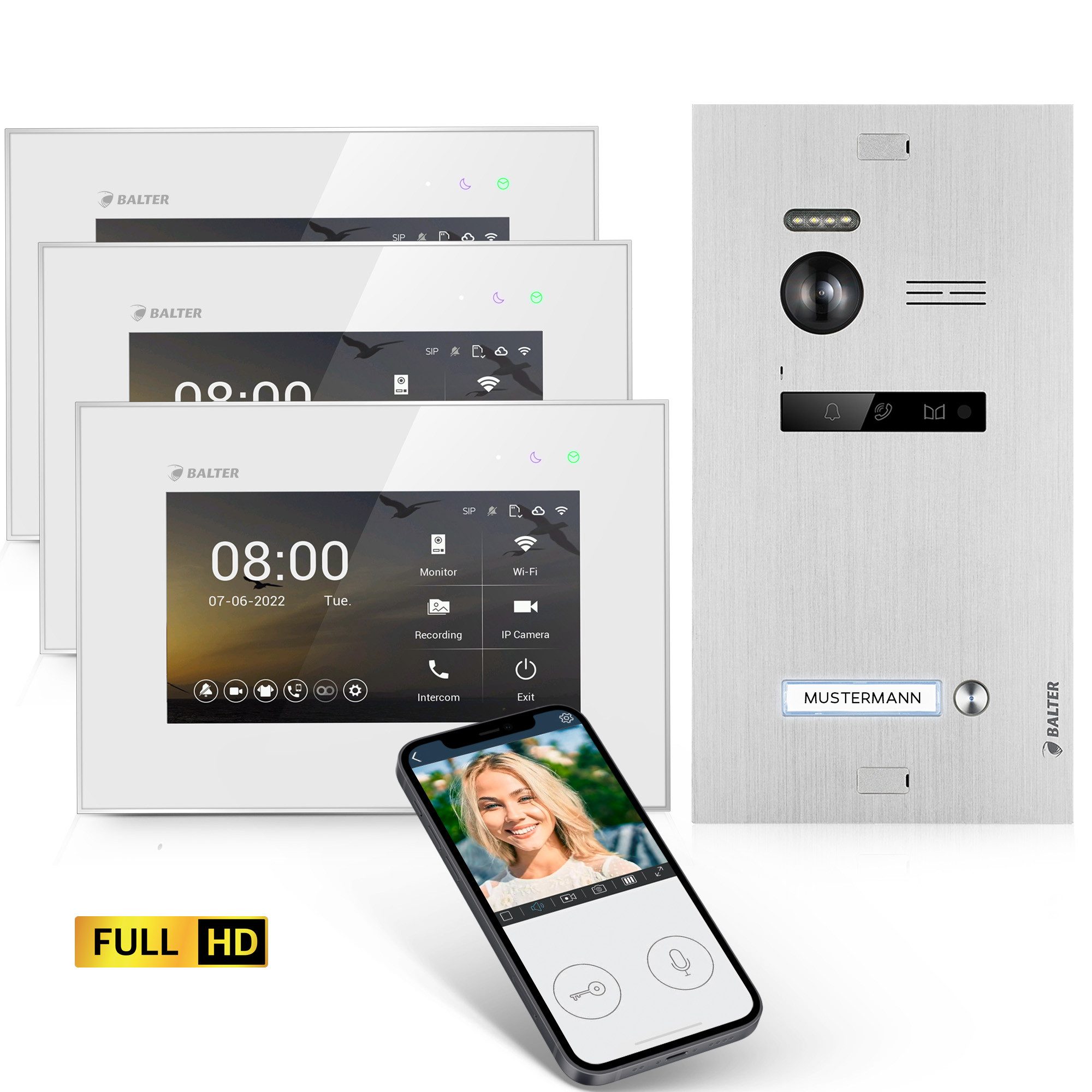 Balter Video-Türsprechanlage EVO HD mit App für 1 Familienhaus, 3x Monitore, Full HD, 2-Draht (Komplettsett, 3-tlg., Full HD Kamera, mit App)