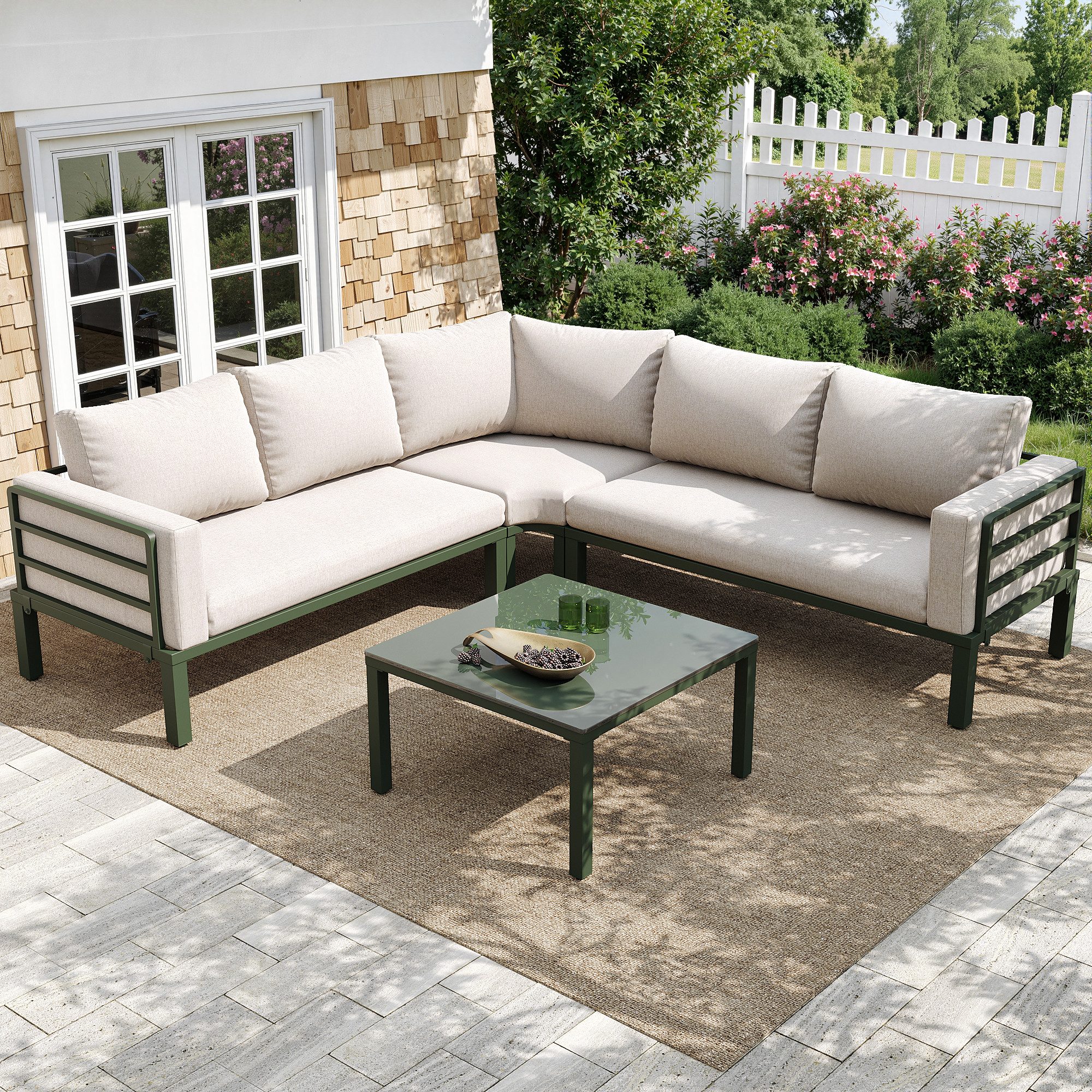 KLAM HOME Gartenlounge-Set Gartenmöbel-Set für 4–5 Personen Grau, (Lounge-Ecksofa mit Glas Tisch & Eisenrahmen), Wetterfestes Gartenmöbel-Set für Garten, Balkon und Terrasse