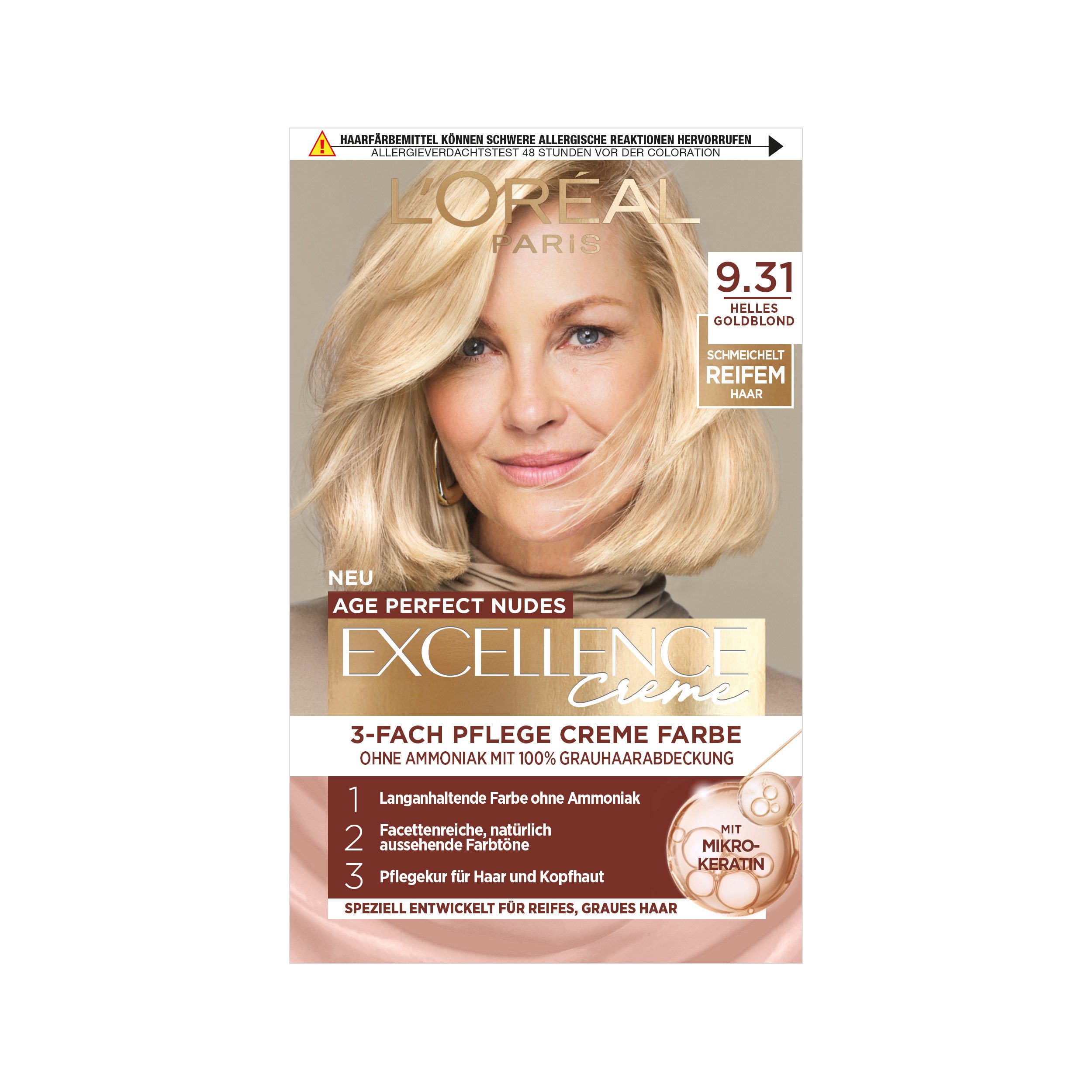 L'ORÉAL PARIS Coloration EXCELL AP NUDES 9.31 GOLD BLD GER, für graues Haar, mit hydrolysiertem Weizenprotein, große Menge 192 ml