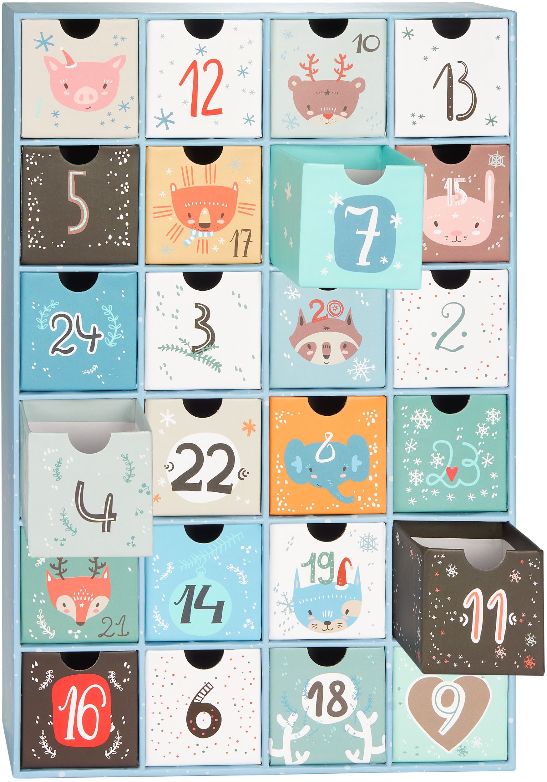 BRUBAKER befüllbarer Adventskalender Adventskalender zum Befüllen Weihnachtstiere Blau (24 Türchen, 1-tlg), DIY Weihnachtskalender - Kalender Weihnachten 39 cm groß aus Pappe