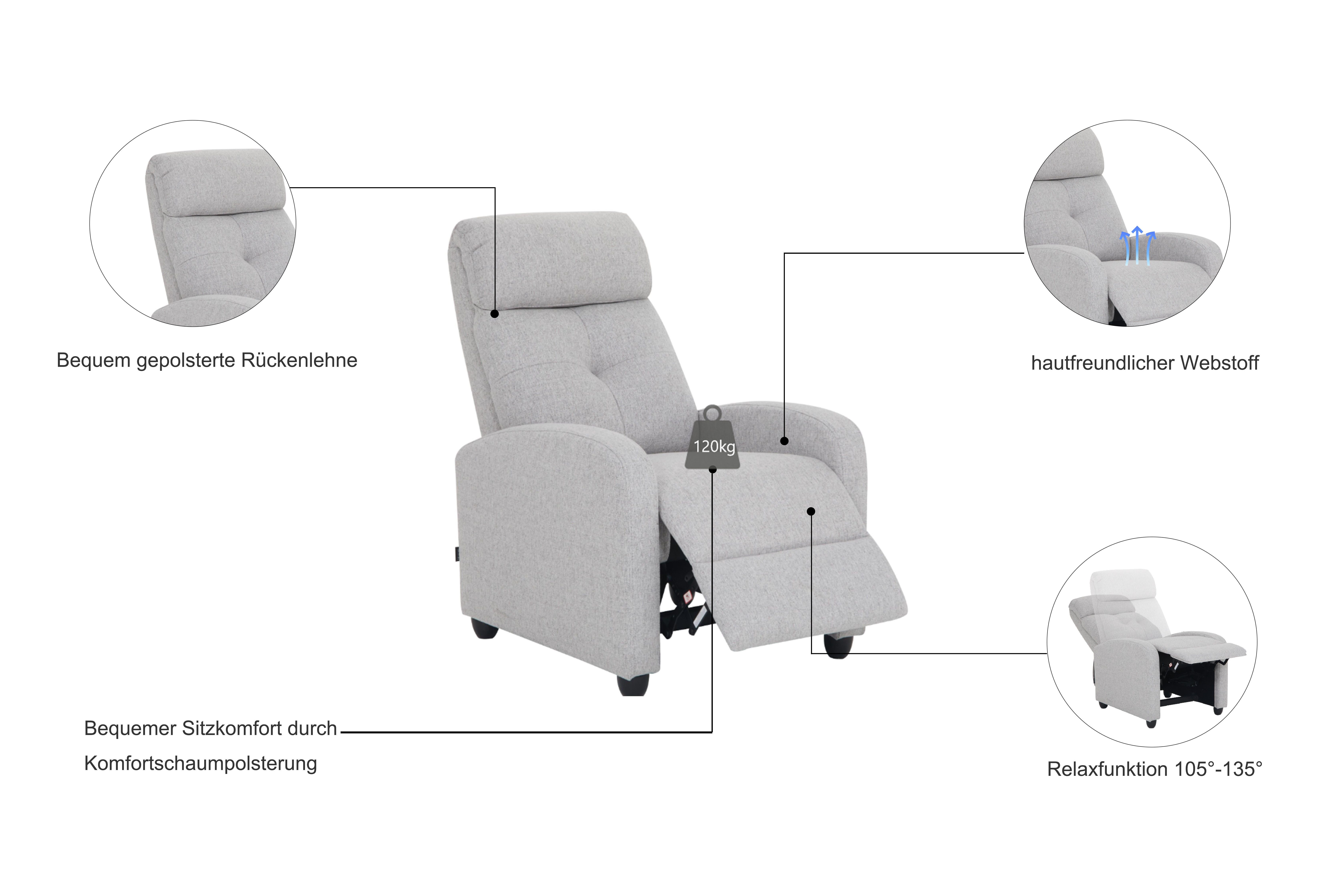 Home affaire Relaxsessel VESOUL, TV-Sessel, Ruhesessel mit Schlaffunktion, Webstoff, Loungesessel mit manueller Relax- und Liegefunktion (105°-135)