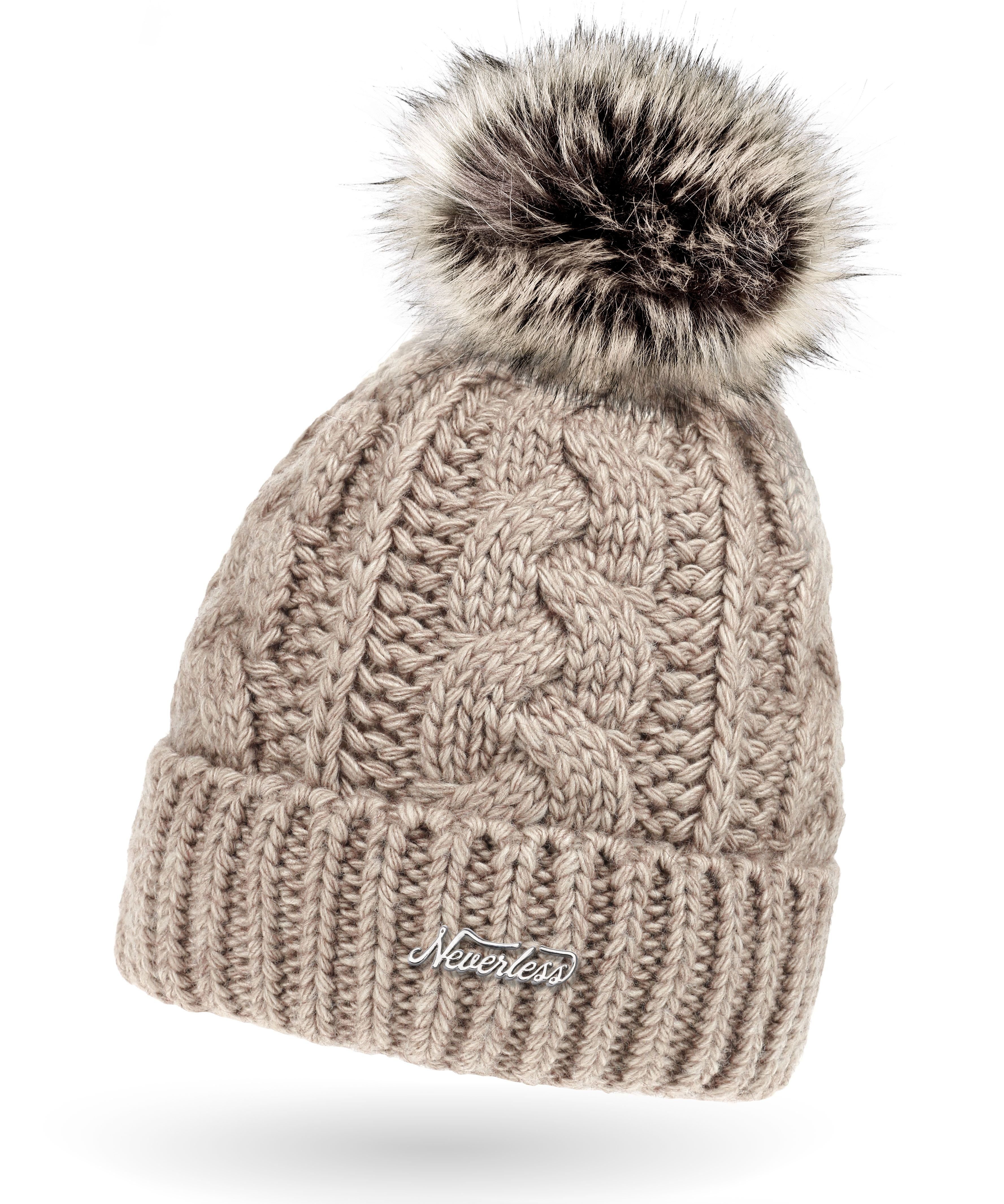 Bommelmütze Damen Strick-Mütze gefüttert Fell-Bommel Kunstfell Winter-Mütze