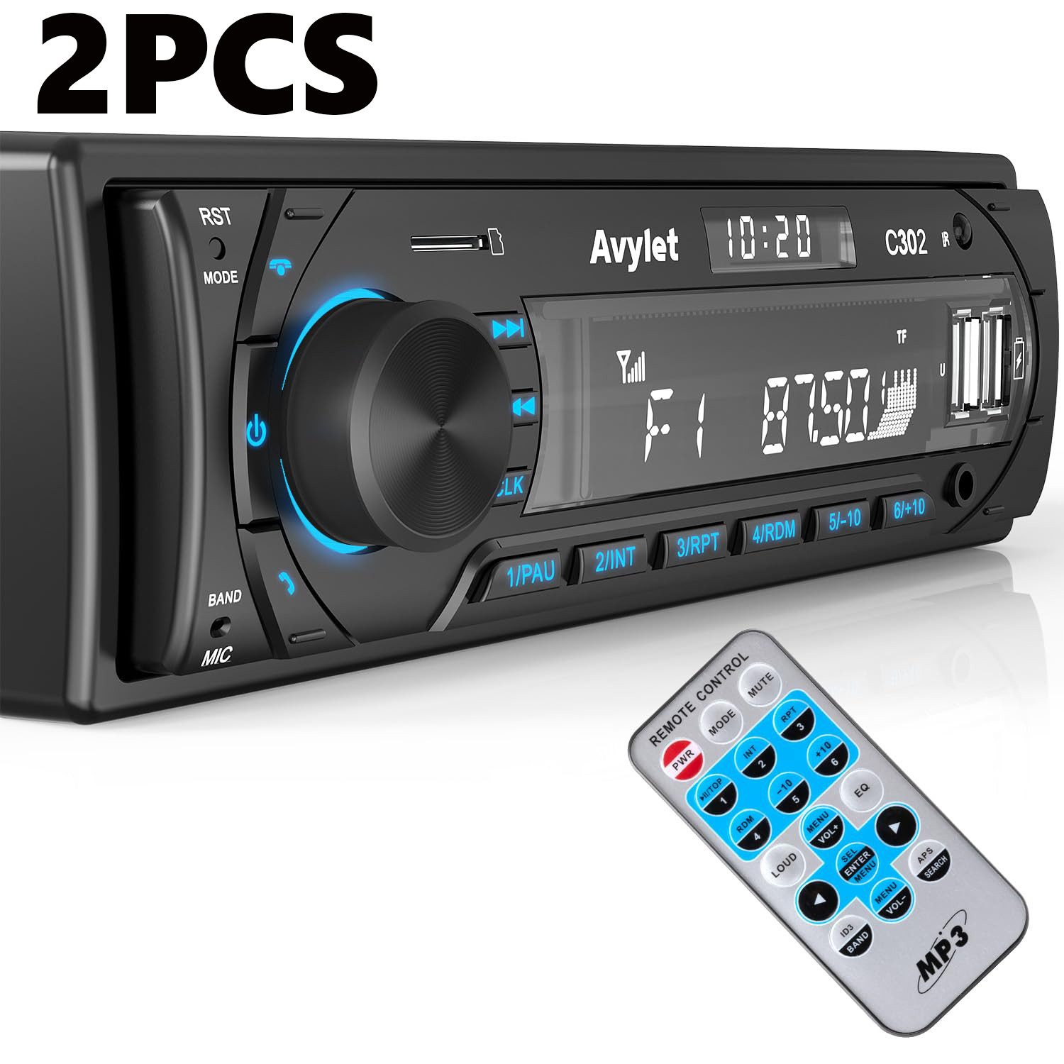 Avylet Autoradio Bluetooth mit 1 Din mit 2 USB/AUX/SD Karte/MP3-Player Autoradio (Hände frei,LCD mit Uhr,Anpassen des EQ-Sounds,Stromausfall speicher, Kompatible mit Lautsprecher, Smartphone,Android und iOS)