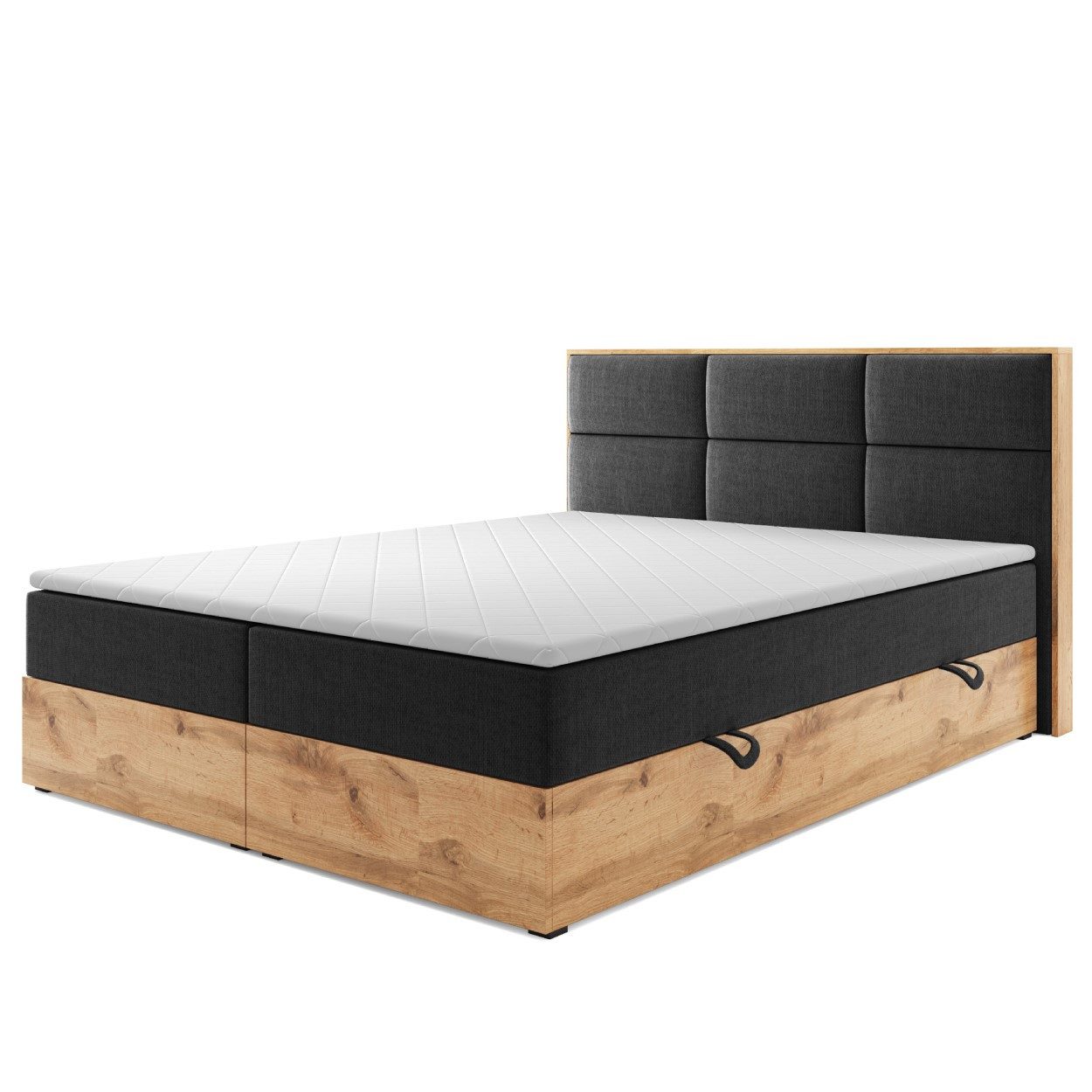 M-Punkt24 Boxspringbett Stockholm (Webstoff Anthrazit Schwarz, 180 x 200 cm), Eiche Holz, mit Bettkasten, mit Topper