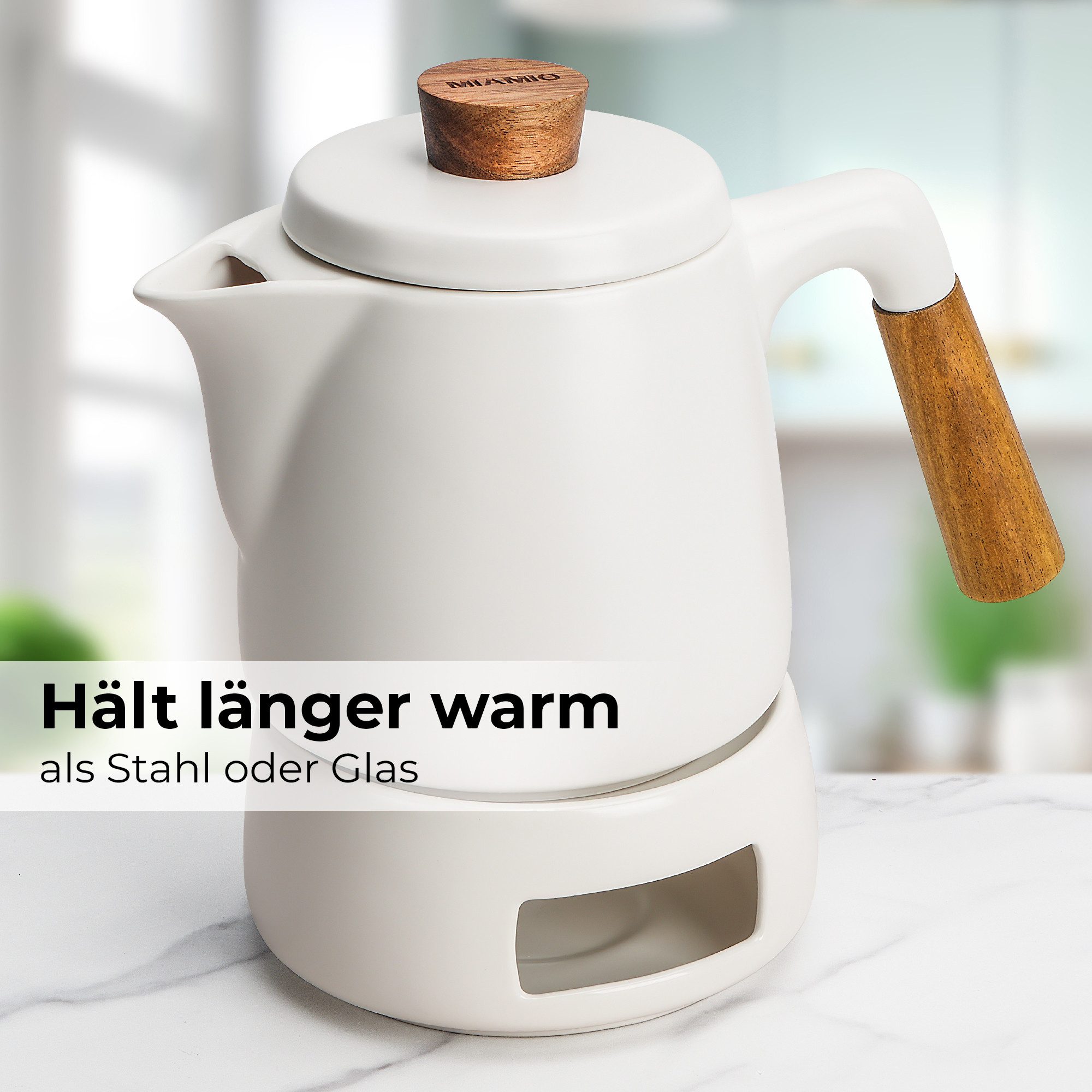 MiaMio Teeservice Teekanne mit Stövchen und Siebeinsatz, 1 l, Weiß (3-tlg), Keramik, mit Stövchen und Siebeinsatz, 1 l