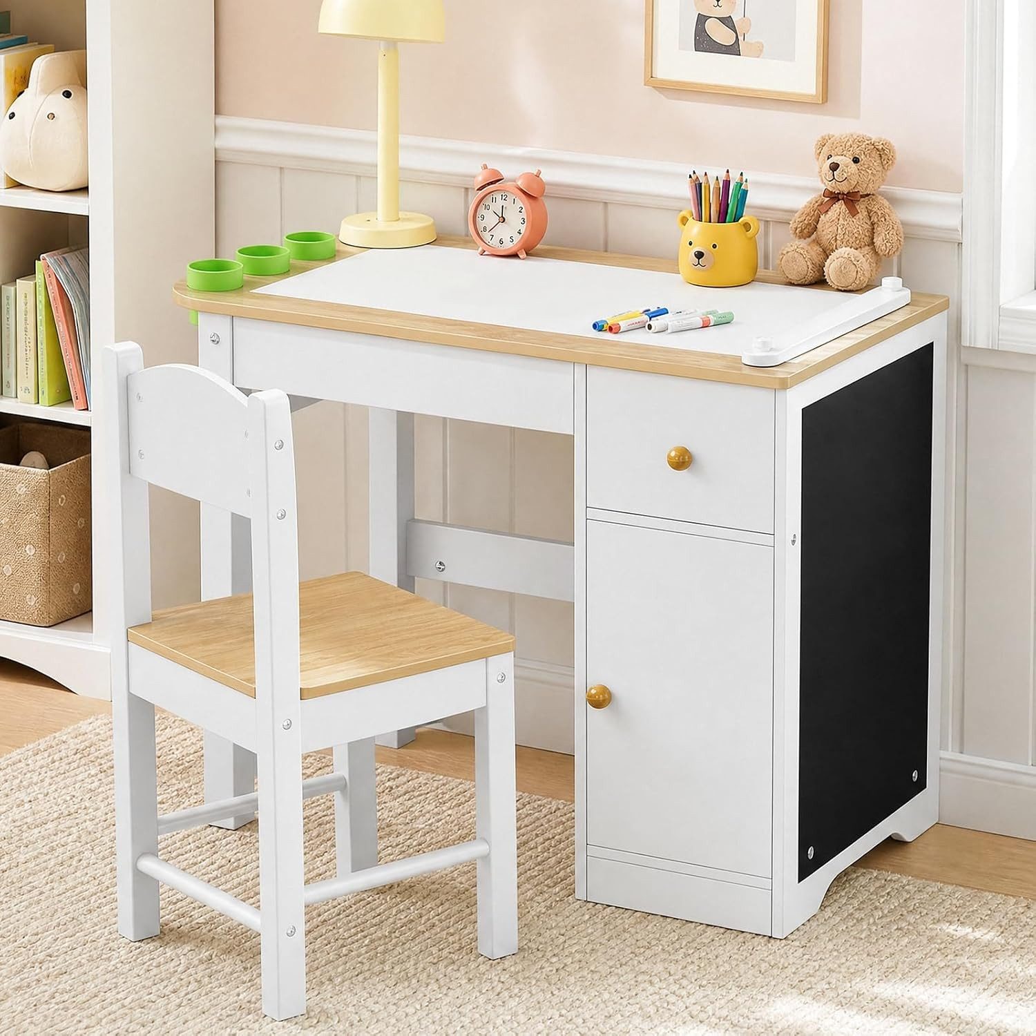 TLGREEN Kindersitzgruppe Kinder Tisch Stuhl Set 1 Stuhl 80×40×60cm, (Multifunktionaler Maltisch mit Kreidetafel & Papierrollenhalter, Viel Stauraum mit Schublade und Schrank), Stabiler MDF Kinderschreibtisch Basteltisch für Kinder ab 3 Jahre