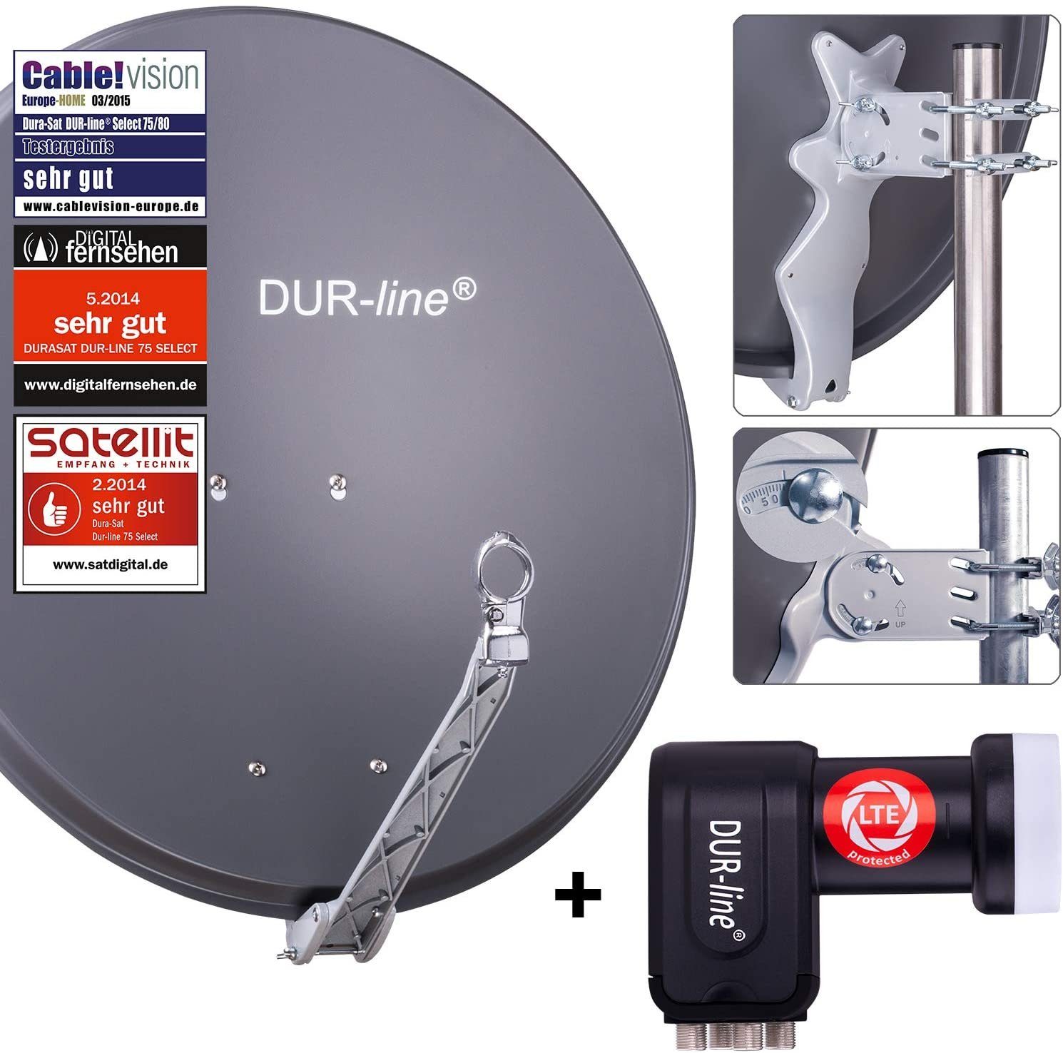 DUR-line 4 Teilnehmer Set - Qualitäts-Alu-Satelliten-Komplettanlage - Sat-Spiegel