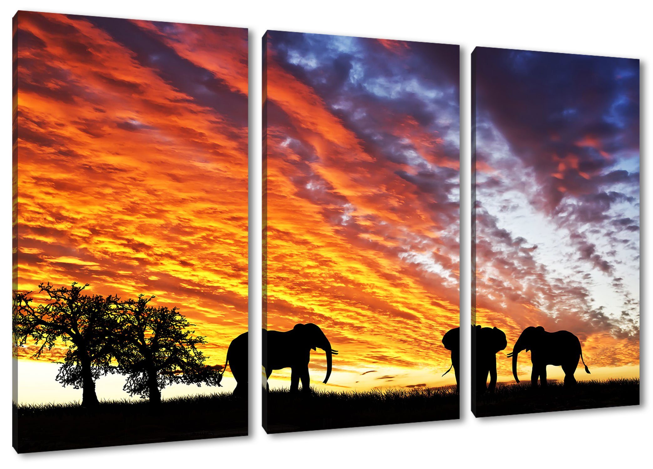 in (1 inkl. 3Teiler Wüste, Wüste (120x80cm) Zackenaufhänger fertig St), Elefanten in bespannt, Elefanten Leinwandbild Pixxprint Leinwandbild