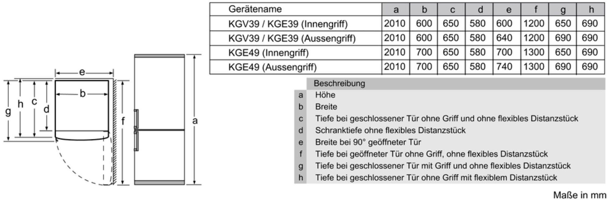 optik Kühl-/Gefrierkombination 60 cm 6 hoch, BOSCH KGE39ALCA, edelstahl breit 201 cm Serie