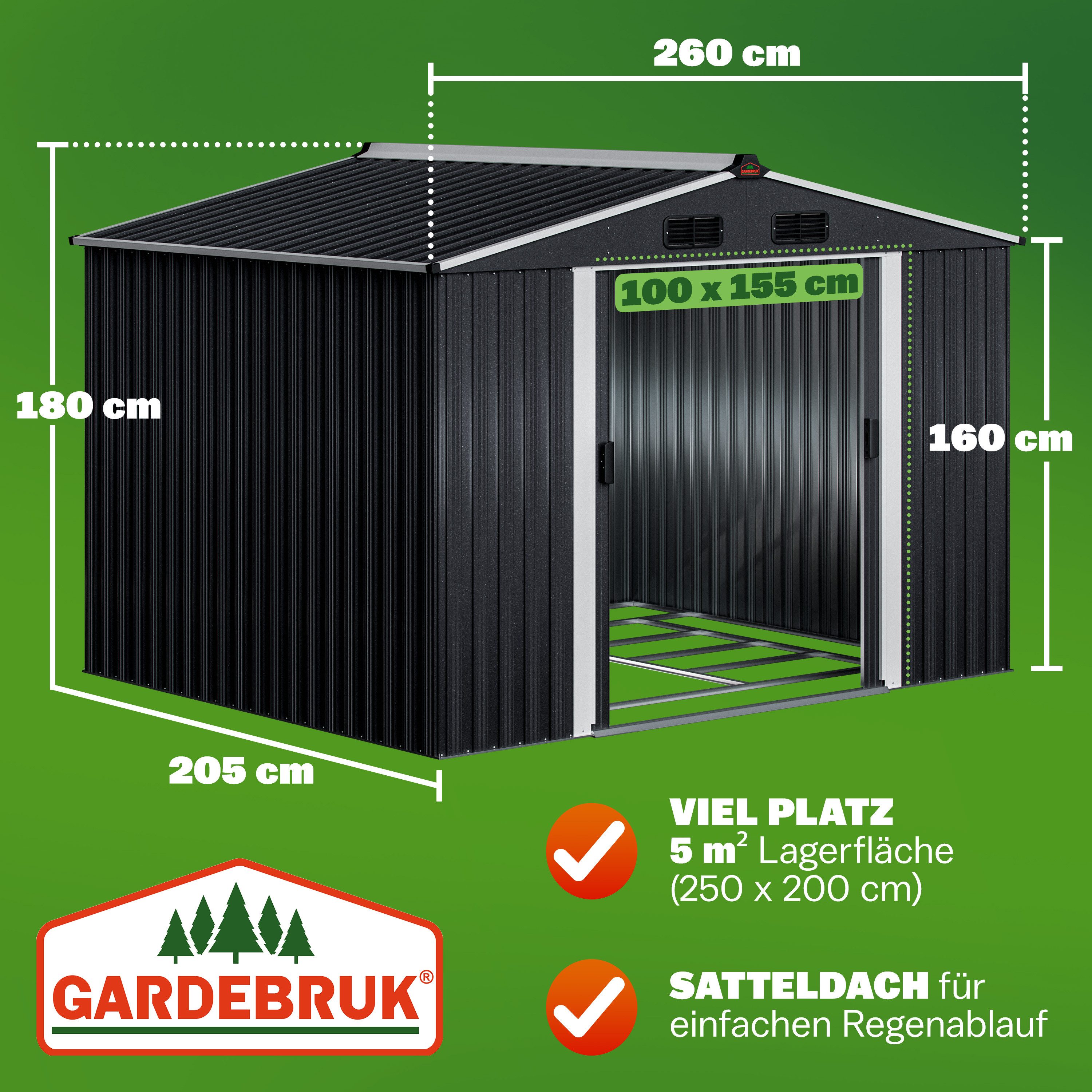 Gardebruk Gerätehaus, BxT: 205x260 cm, XXL Metall 5m² mit Fundament 260x205x180cm Schiebetür Metallic-Grau