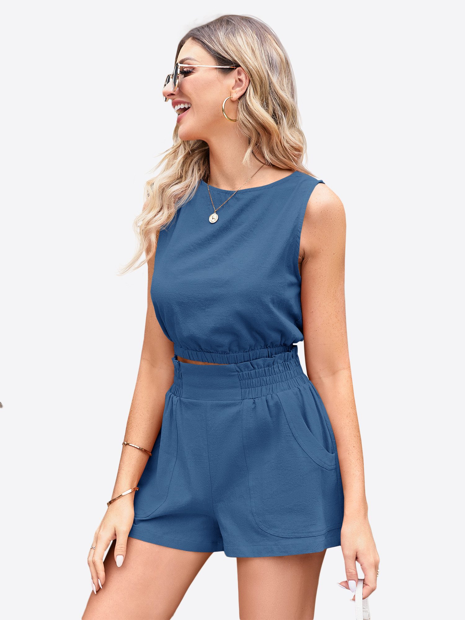 Imily Bela Hausanzug Damen Sommerliche 2-teilige Shorts-Sets (Set, 2 tlg., Ärmelloses Crop-Top + High-Waist-Shorts) Einfarbig – Bild 5 von 5