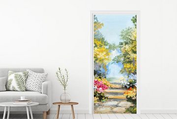 MuchoWow Türtapete Malerei - Blumen - Natur - Ölfarbe, Matt, bedruckt, (1 St), Fototapete für Tür, Türaufkleber, 75x205 cm
