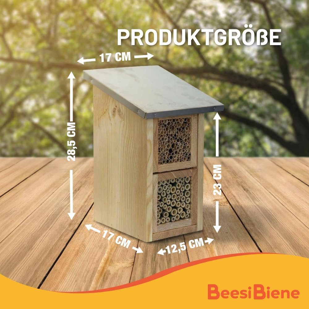 BEESI Insektenhotel mit Metalldach & Vogelschutz-Gitter, 2-Etagen XXL-Nisthilfe, 4-8mm, (1-St., für Solitärbienen – Vogelschutz-Gitter gegen Spechte/Meisen), Nisthilfe Wildbienen mit austauschbaren Holzkästen (Module)