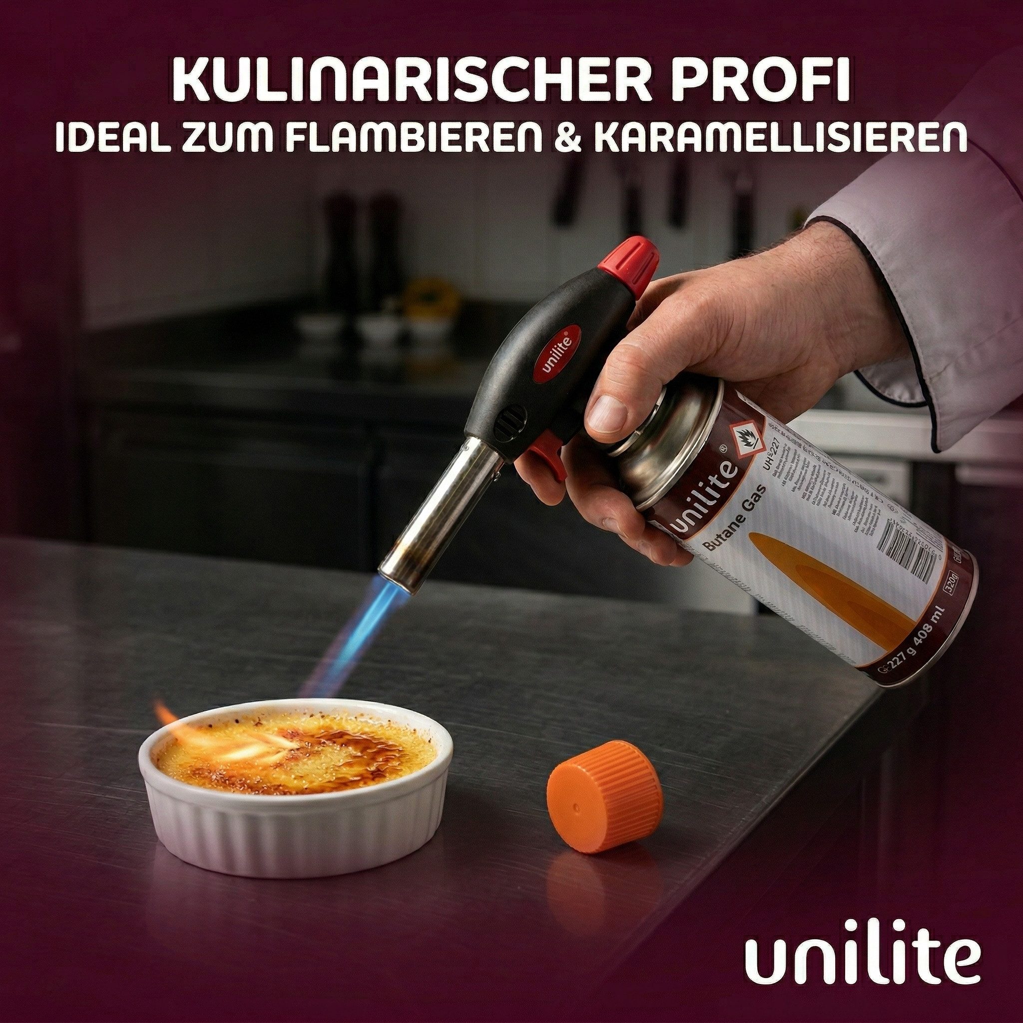 Unilite Flambierbrenner Gasbrenner Lötbrenner Set mit 2 x 227g Gaskartuschen, (3-tlg), 1300W, 1300°C, Piezozündung, MSF-1A-Kompatibel