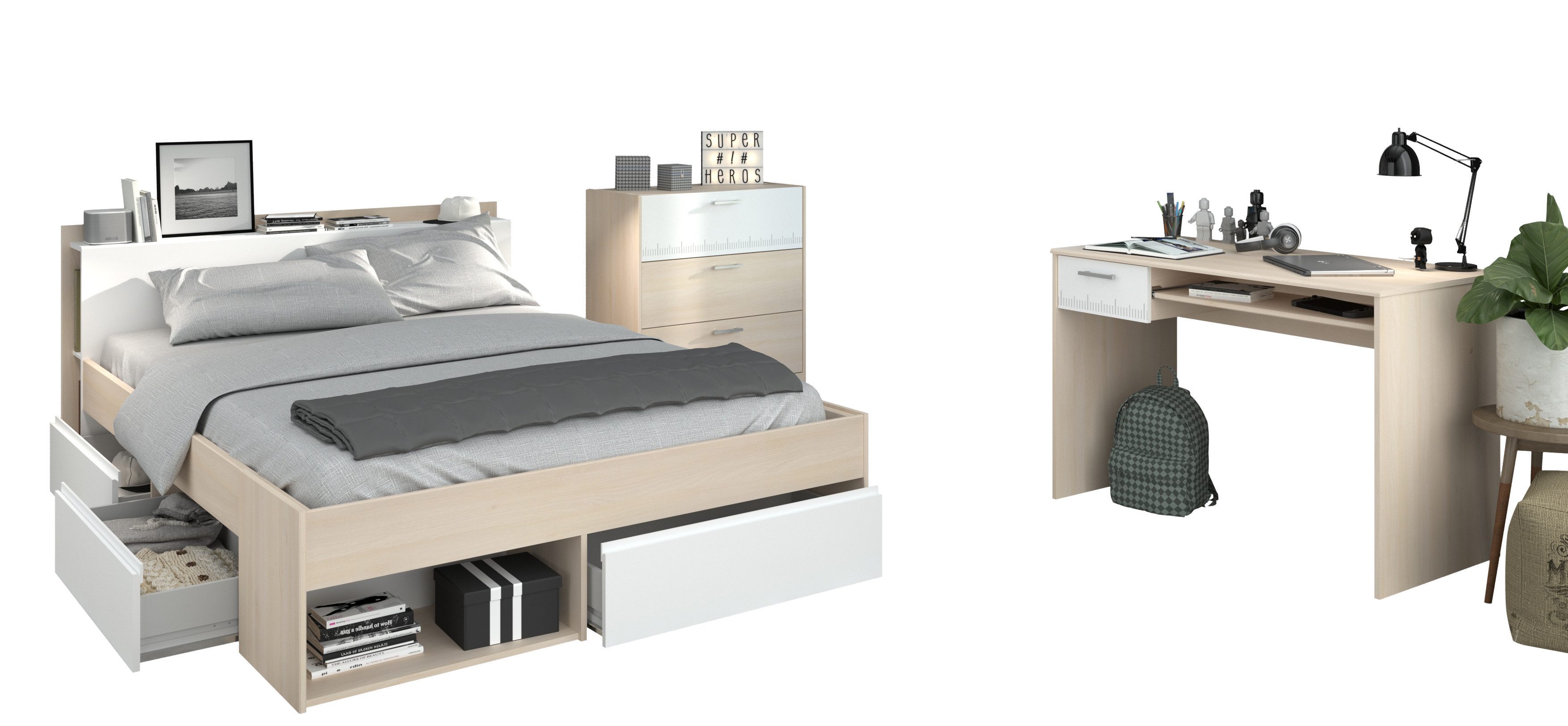 Parisot Jugendzimmer-Set Most in Akazie und Weiß, (Komplett Set, 3-tlg., in verschiedenen Varianten wählbar), Funktionsbett, pflegeleicht, robust