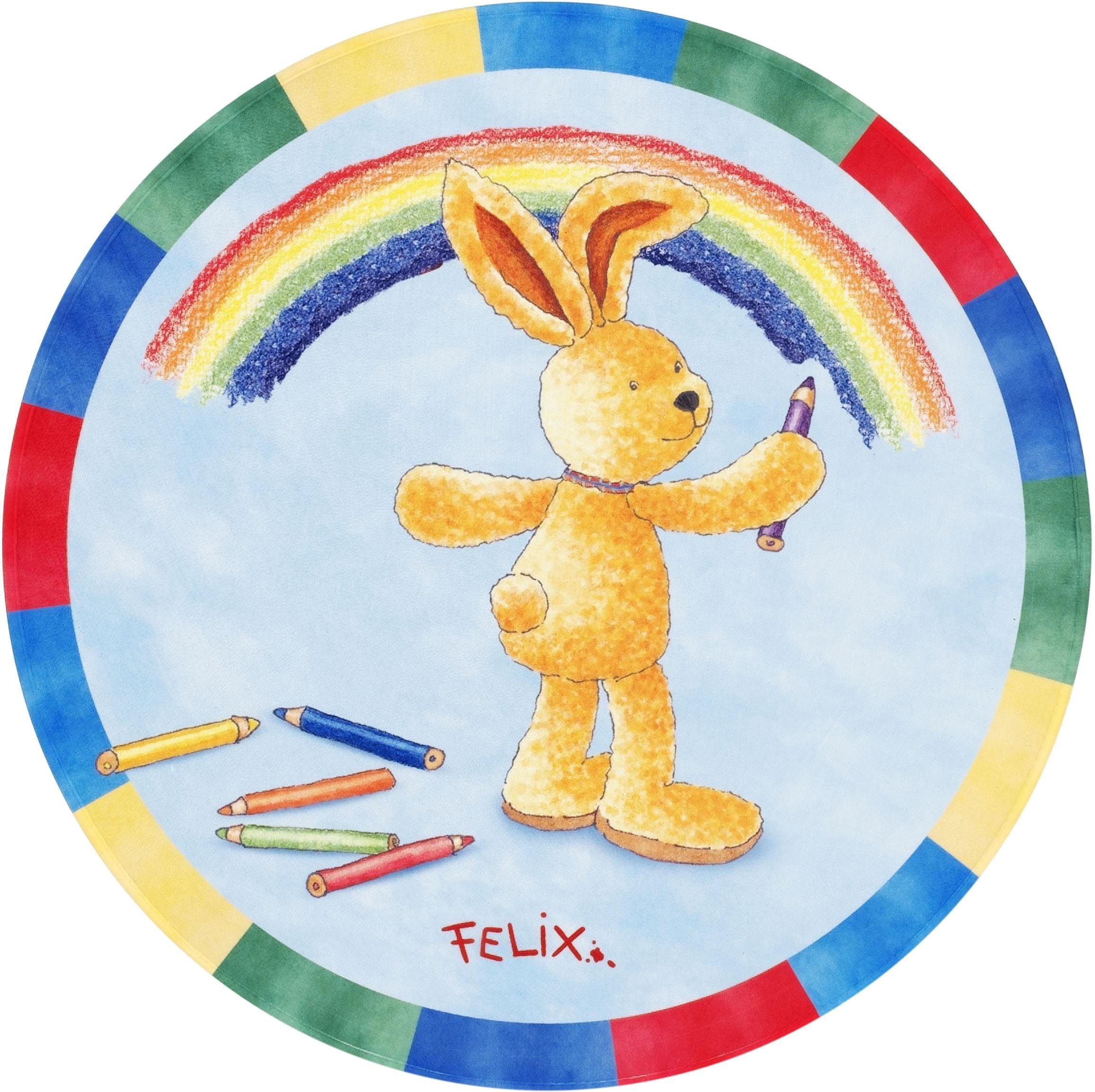 Kinderteppich FE-412 Regenbogen, Felix der Hase, rund, Höhe: 6 mm, Stoff  Druck, weiche Mircofaser, Kinderzimmer
