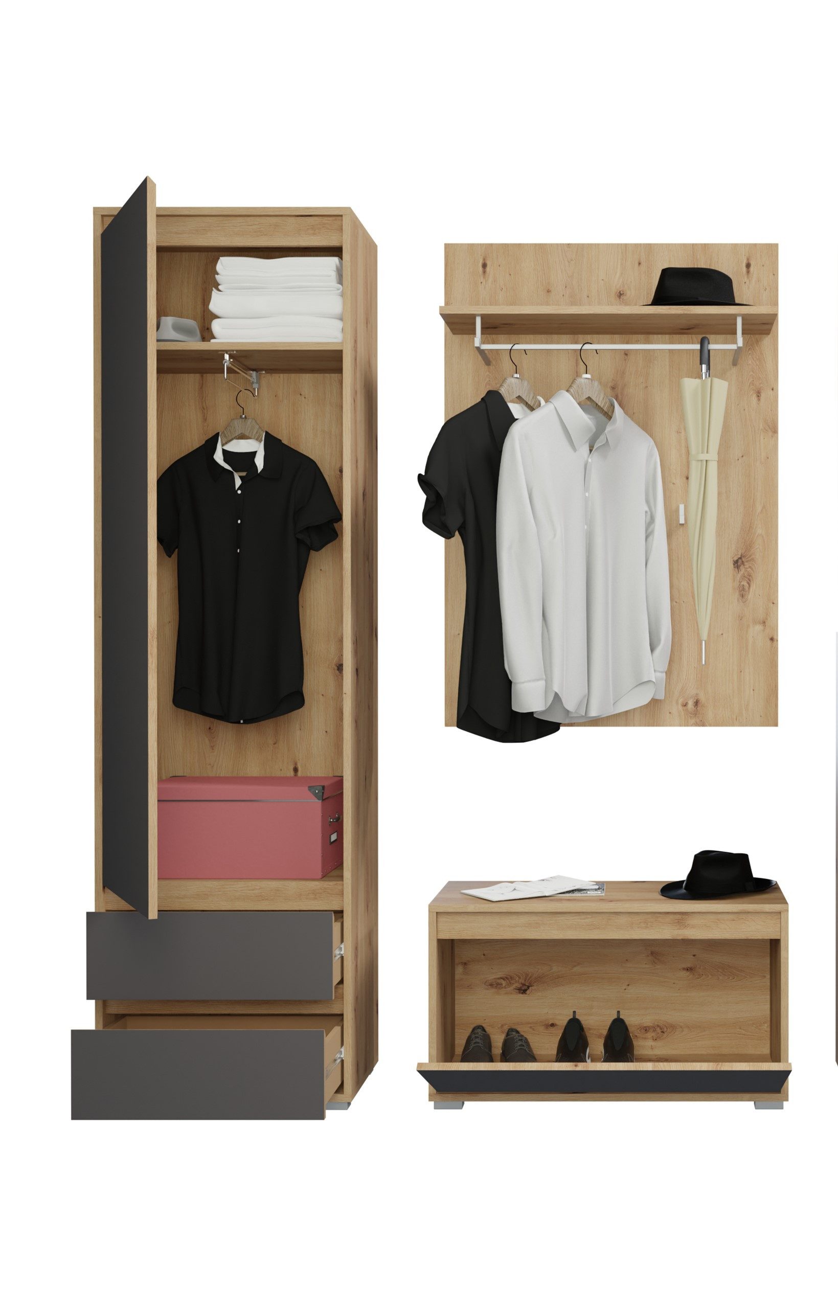 xonox.home Garderoben-Set, (3tlg. Set bestehend aus Garderobenschrank, Sitzbank, Garderobenpaneel), Eiche Nachbildung Grau Modern 146x190x35 cm