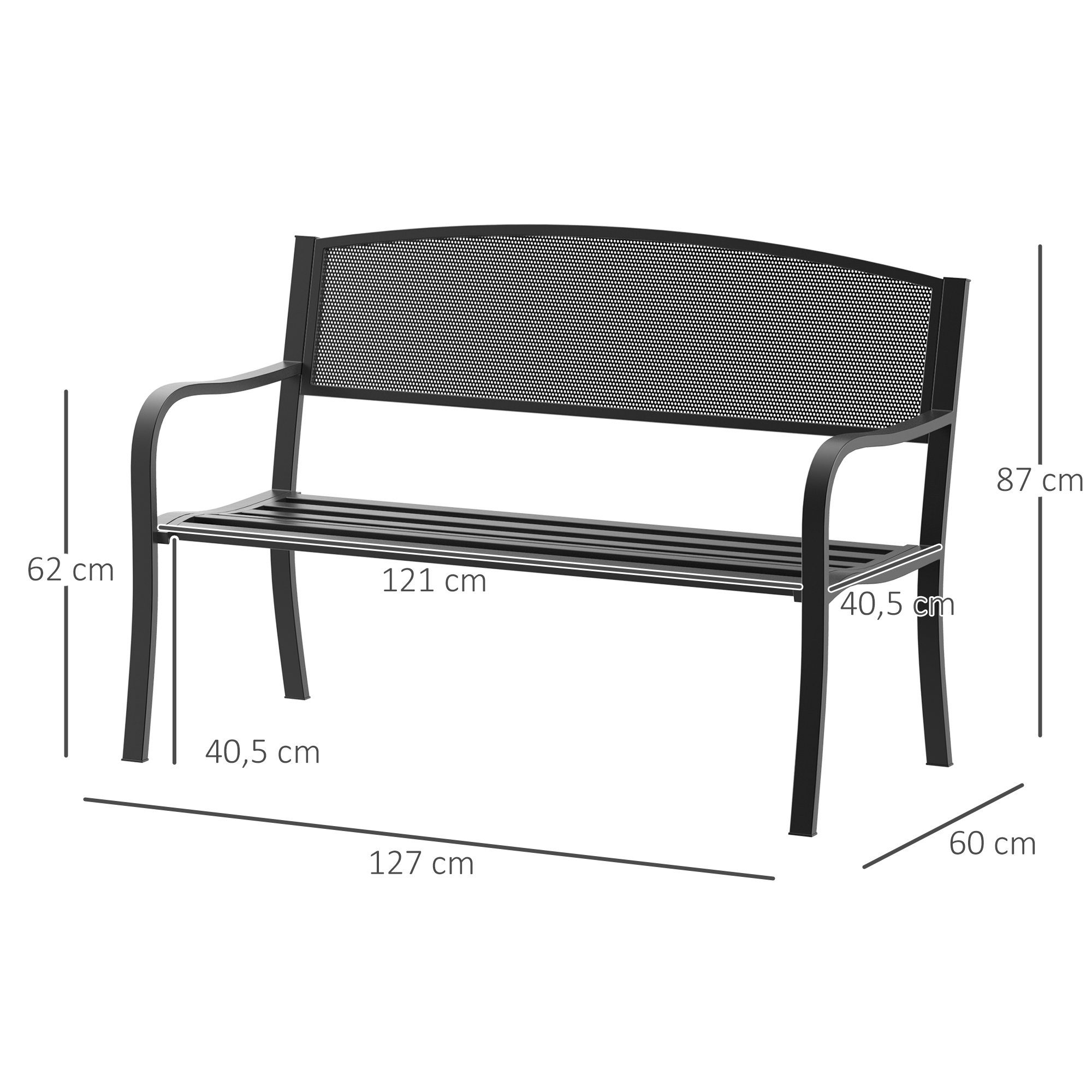 Outsunny Gartenbank 2-Sitzer Garten Stahl Schwarz (Sitzbank, 1-St., Parkbank), 127cm x 60cm x 87cm