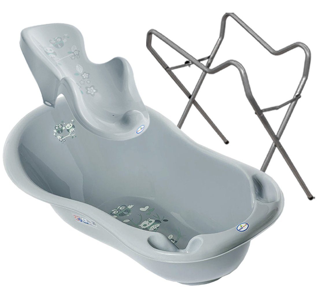 Tega-Baby Babybadewanne 2 Teile SET - EULE Grau + Gestell Grau -- Baden, (Made in Europe, Premium.set – 2 Teile + Ständer), ** Wanne, Badesitz, Ständer **