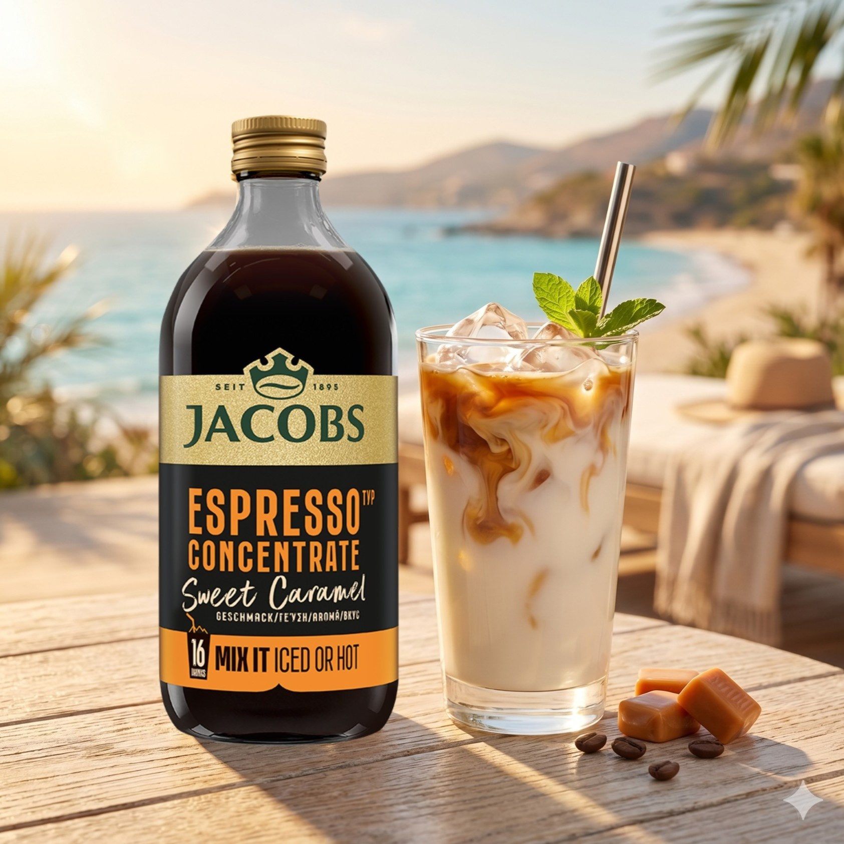 JACOBS Kaffee JACOBS Espresso Kaffeekonzentrat Caramel 6 x 485 ml, Ideal für Iced Coffee, Latte, Cappuccino oder kreative Kaffee-Rezepte