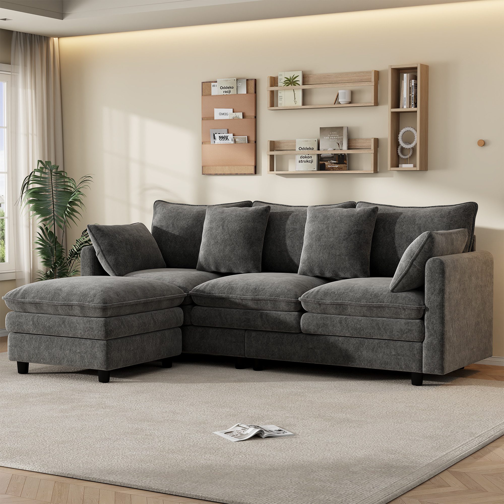 Merax Ecksofa aus Chenille, 3-Sitzer-Sofa mit Chaiselongue, 212 x 150 x 90 cm (L x B x H) 1 Teile, Sofa mit 4 Zierkissen & 3 Rückenlehnen, Flexibel L-förmiges Sofa