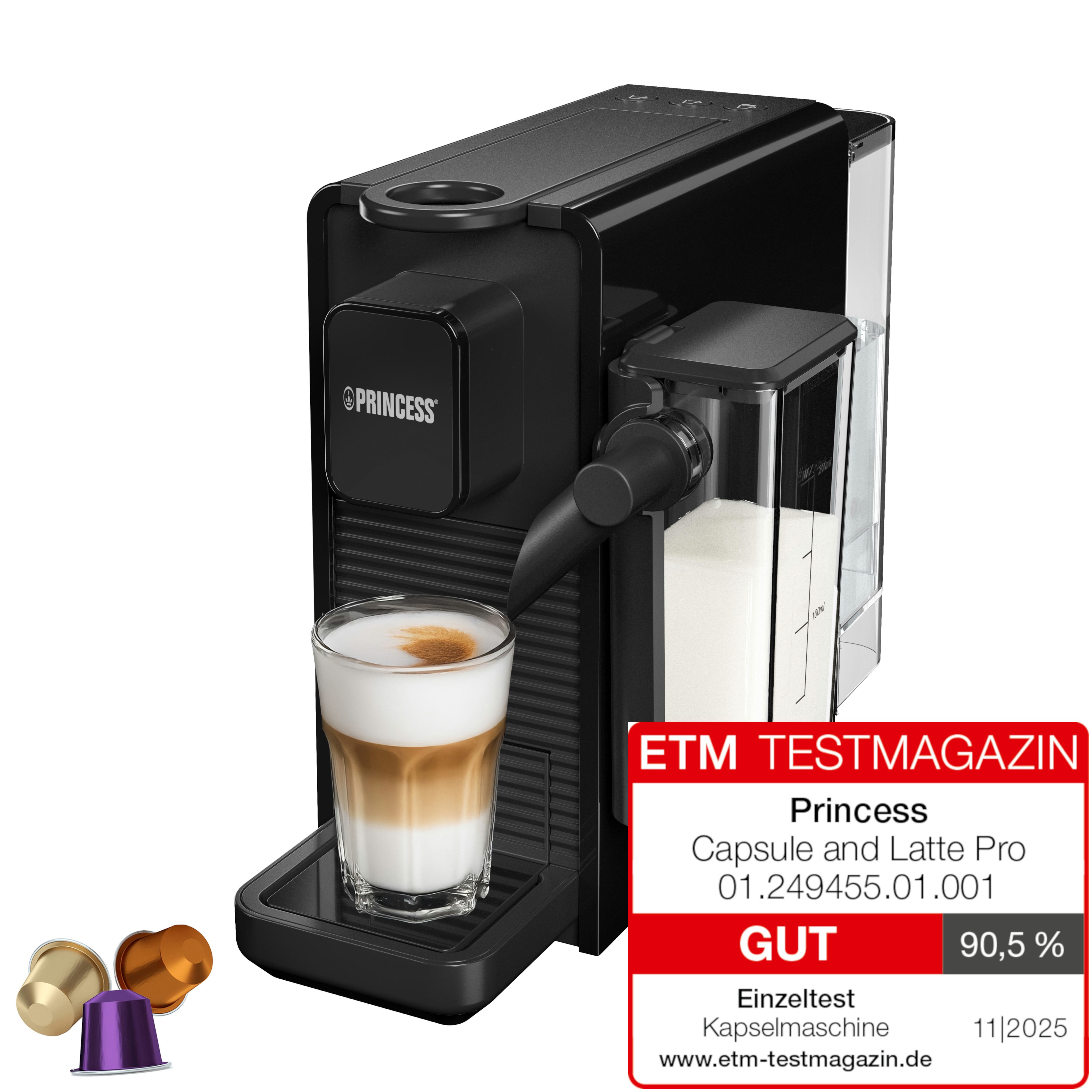 PRINCESS Kapselmaschine 249455, Kapselsystem, Kompatibel mit Nespresso-Kapseln und ähnlichen Formaten, 20 bar