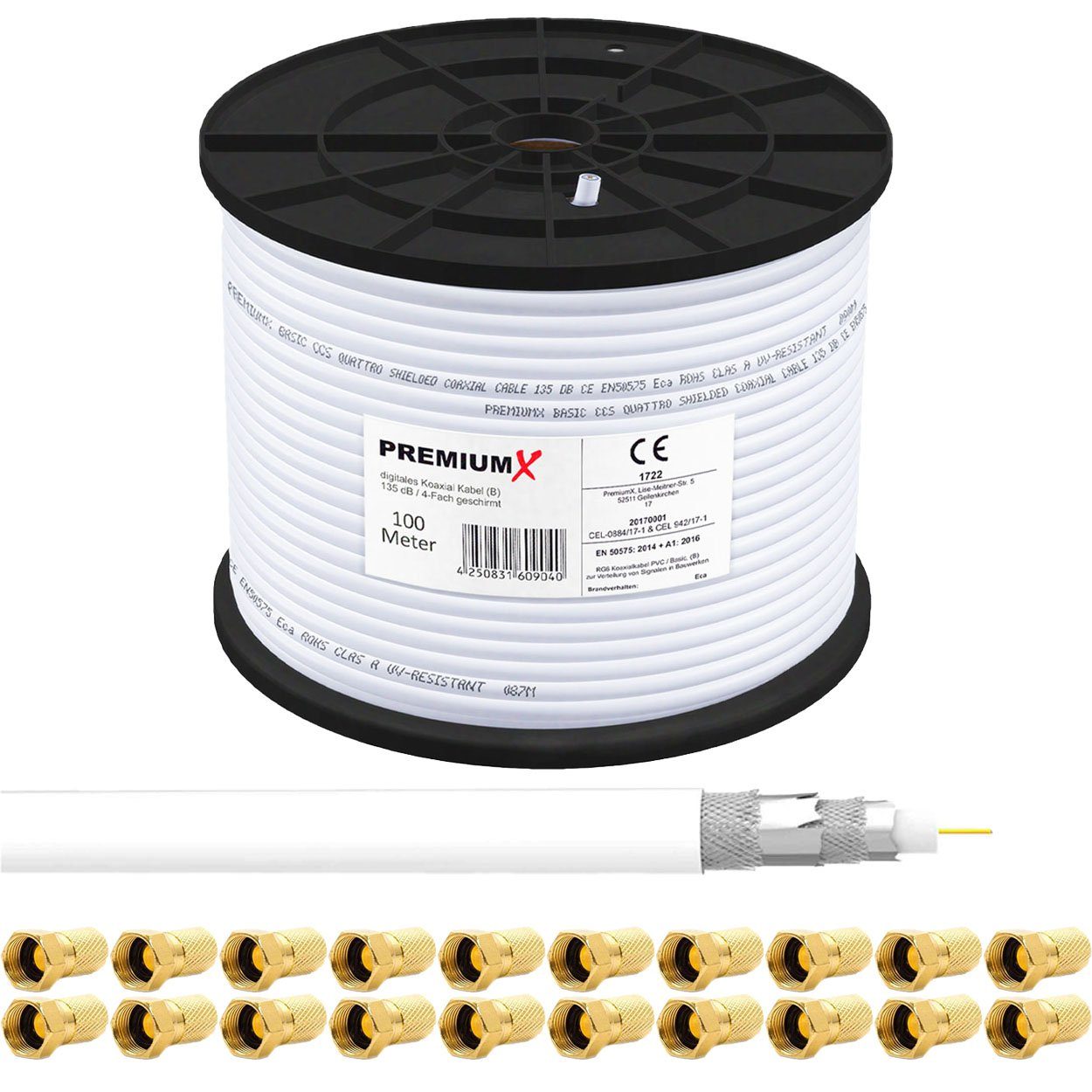 100m BASIC Koaxialkabel 135dB 4-fach SAT Koax Kabel 20x F-Stecker SAT-Kabel