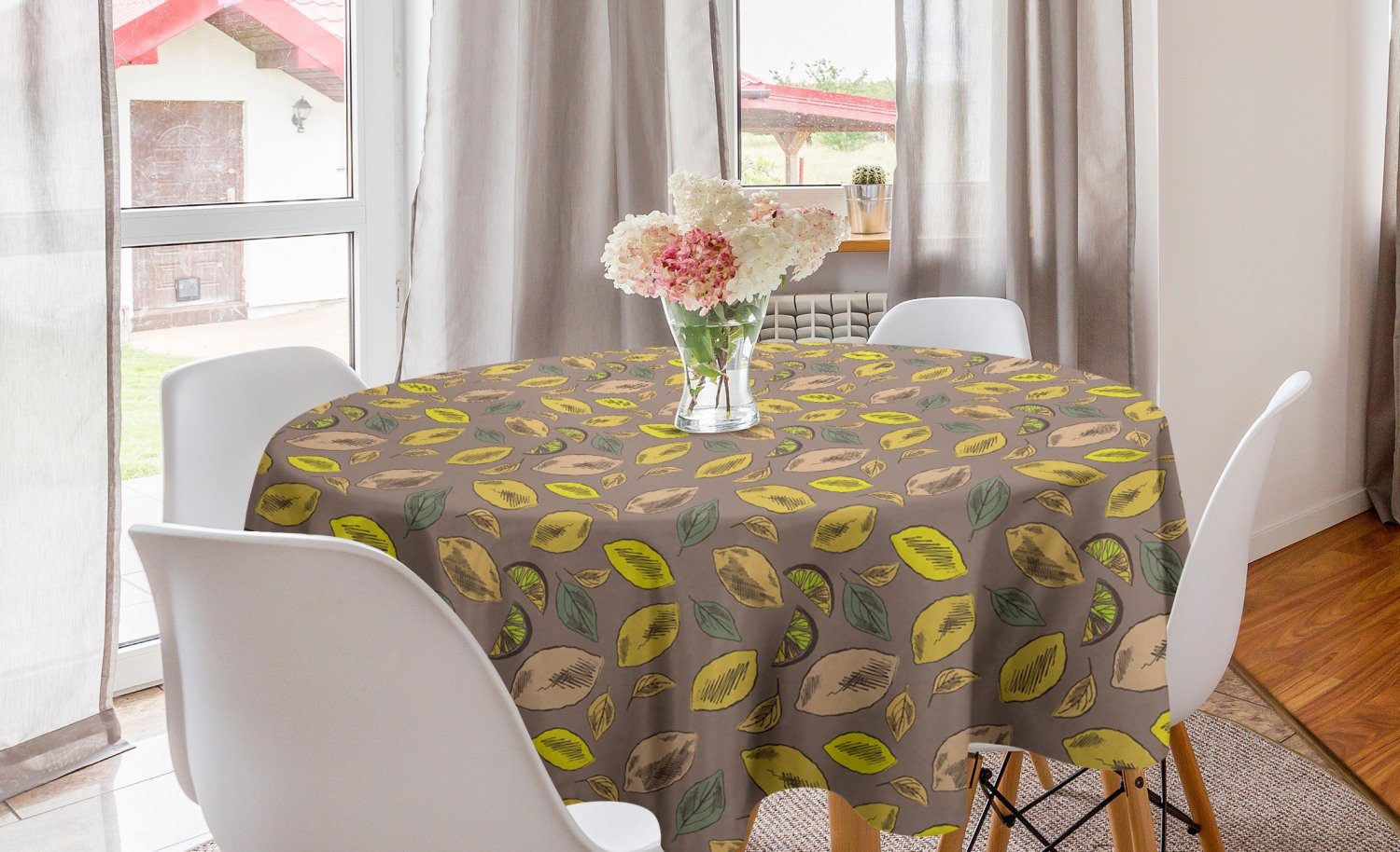 Abakuhaus Tischdecke Kreis Tischdecke Abdeckung für Esszimmer Küche Dekoration, Natur Citrus mit Fallen Leafs
