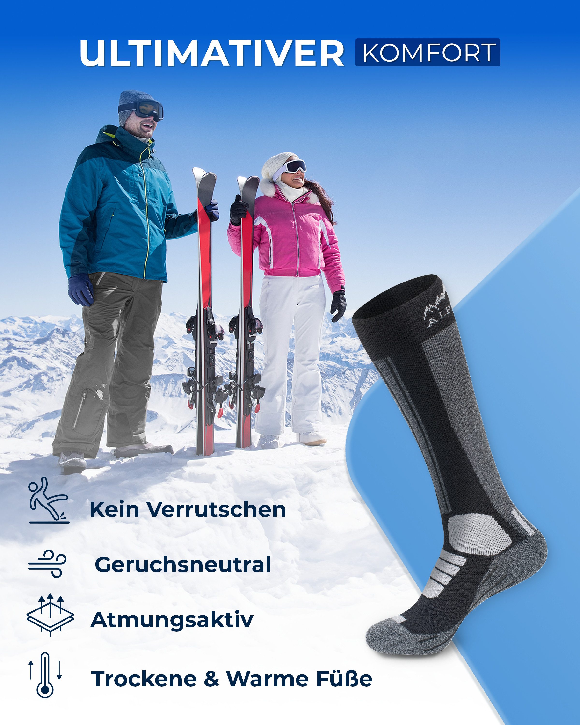 Alpenwert Skisocken 2er SET Snowboard Socken aus echter Merinowolle Herren & Damen (2 Paar, 4 Skisocken) Meinowolle Ski Socken