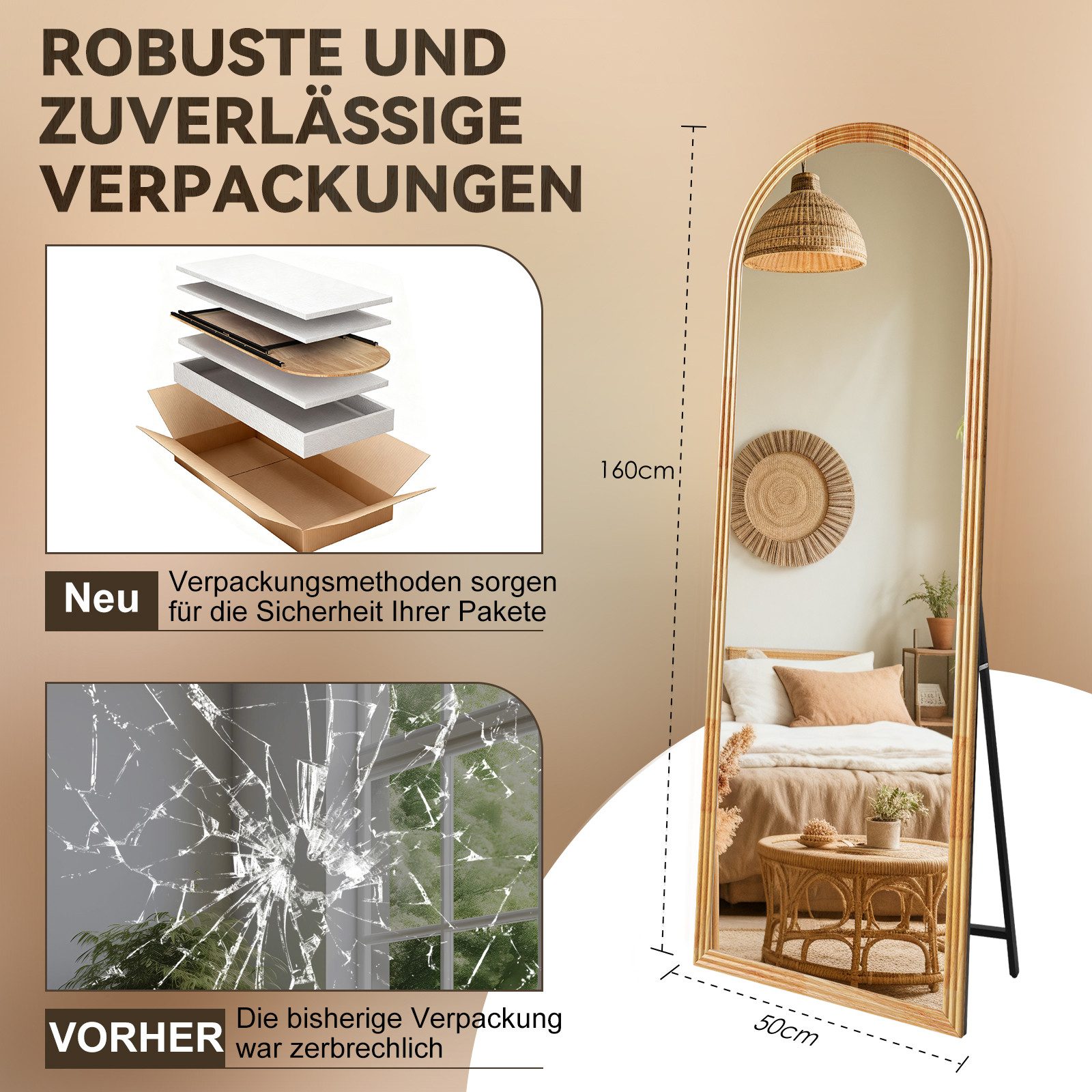 BBWL Ganzkörperspiegel 160 x 50 cm, Großer Standspiegel, mit stabilem Standfuß, Holzrahmen in Bogenform,HD Spiegelglas, stabiler Rahmen – Bild 3 von 5