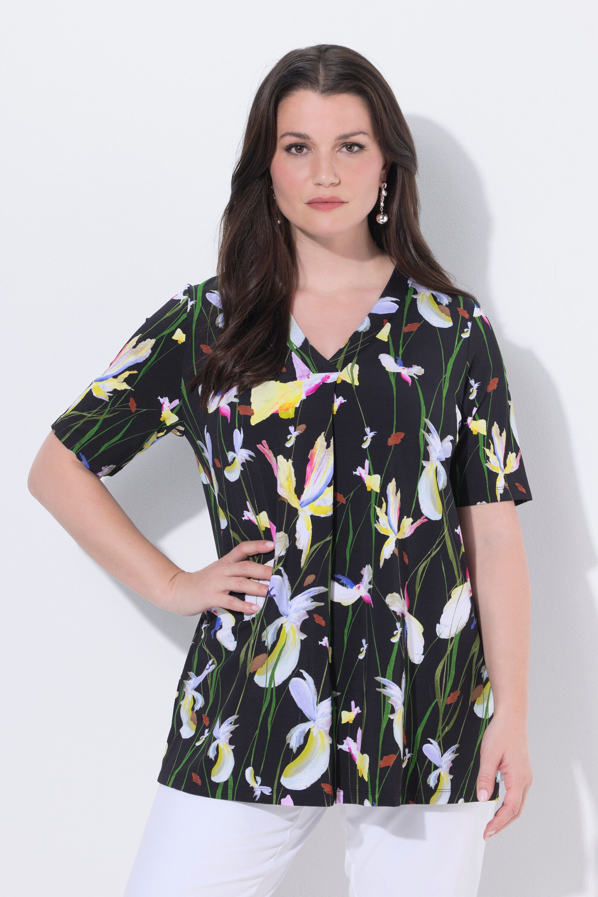 T-Shirt Slinky-Shirt A-Linie Zierfalte V-Ausschnitt