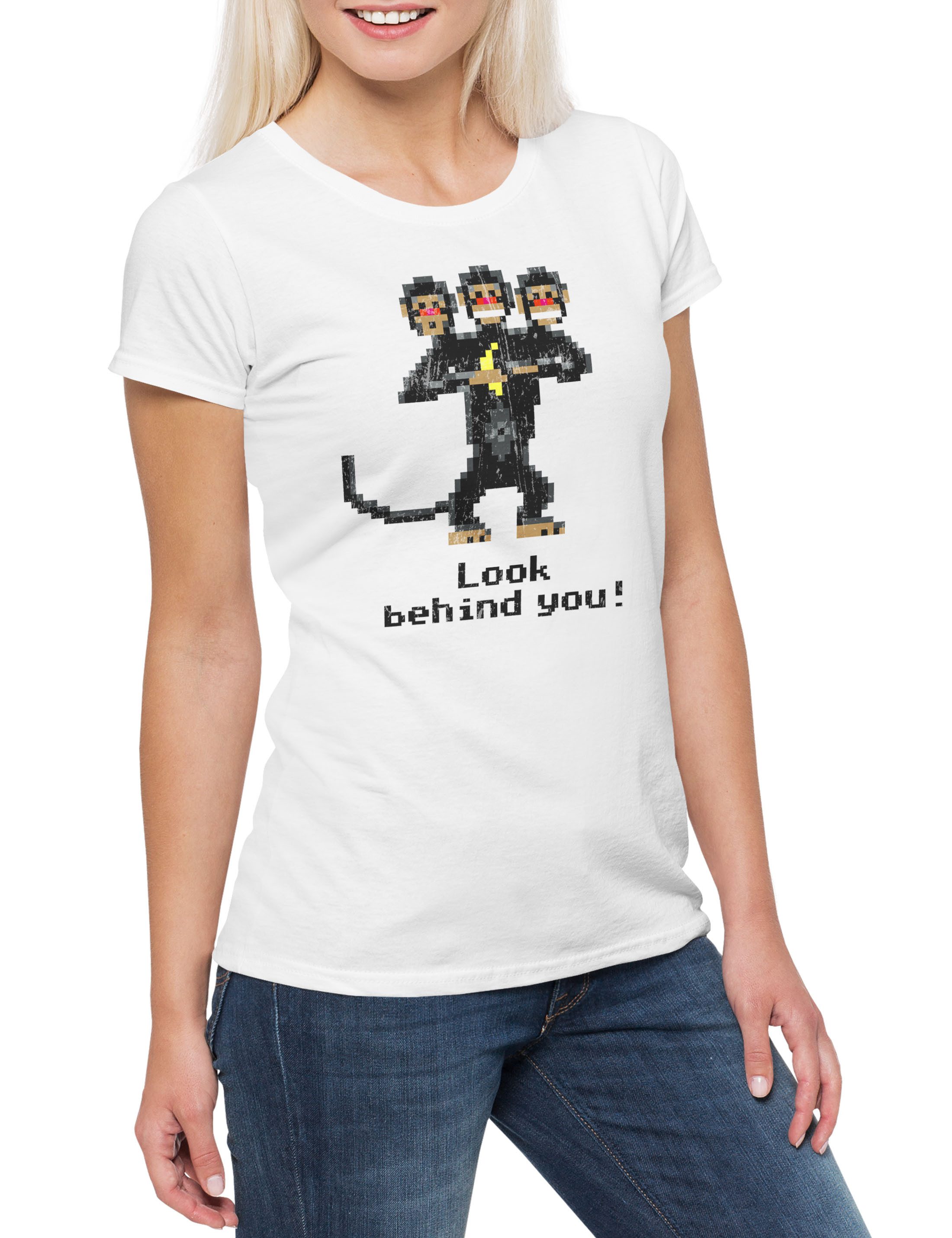 Print-Shirt Look Behind You Damen T-Shirt Monkey The Game Secret Of Affe Nerd