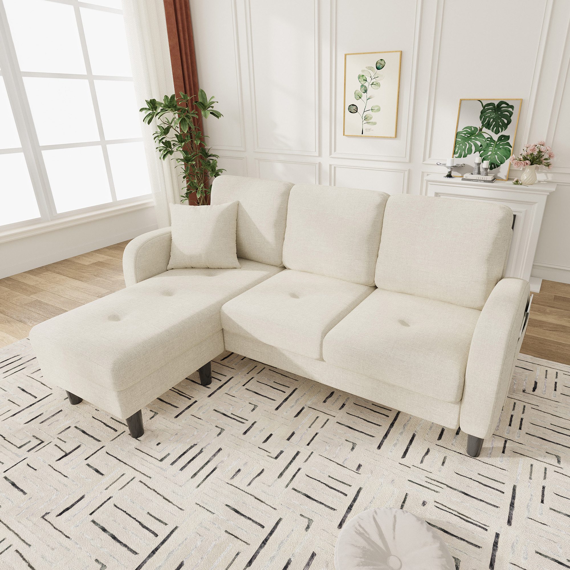 Merax Ecksofa L-förmiges Sofa mit Bettfunktion, Modulares Sofa aus Cordstoff, 1 Teile, 3-Sitzer Sofa mit Chaiselongue, Kissen & Kunststoffbeine, 166x118x77cm