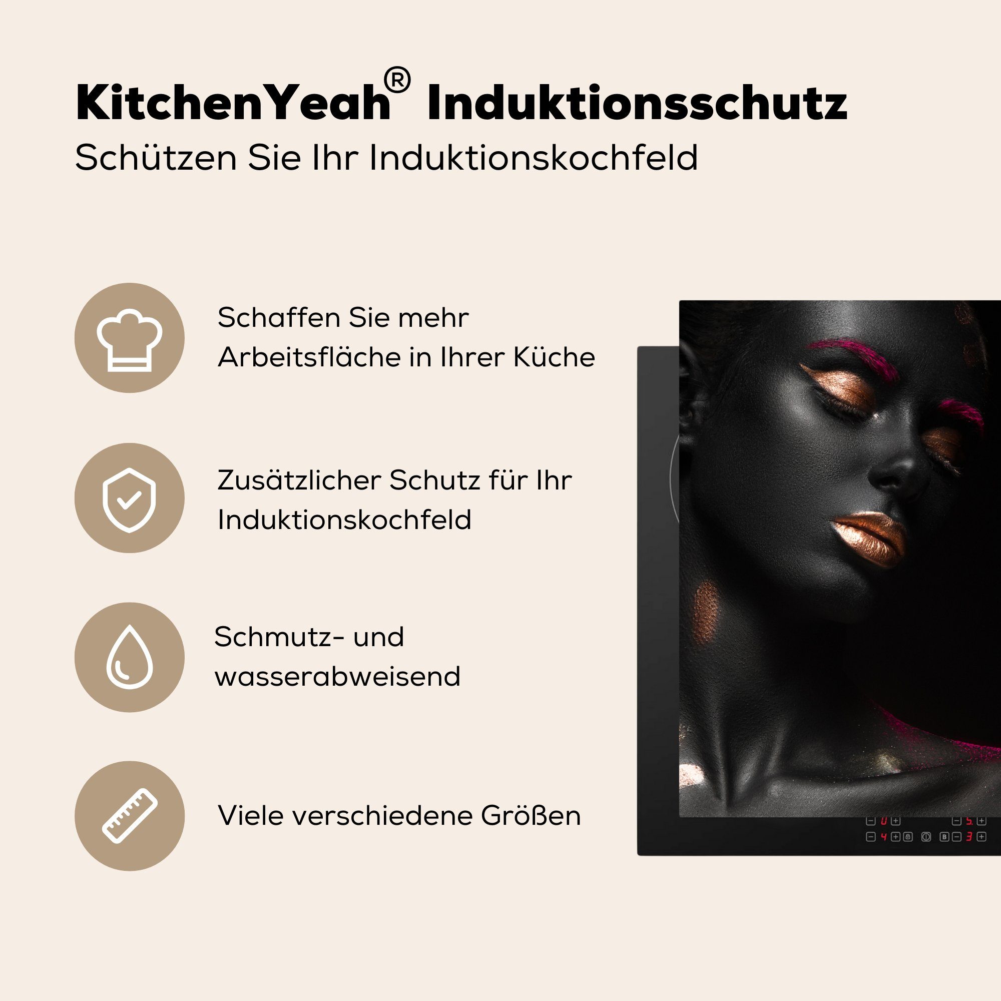 - - cm, Herdblende-/Abdeckplatte MuchoWow Schwarz, (1 für 78x78 Arbeitsplatte Kupfer Vinyl, Frau küche Ceranfeldabdeckung, tlg),