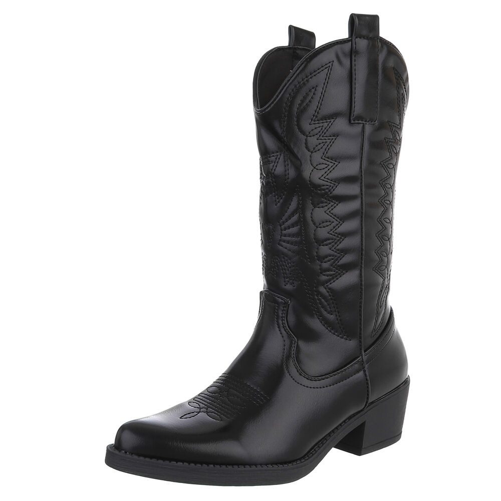 Ital-Design Damen Kniehohe Western-Stiefel mit Stickerei und Blockabsatz Westernstiefel (89938081) Blockabsatz Сапоги in Schwarz