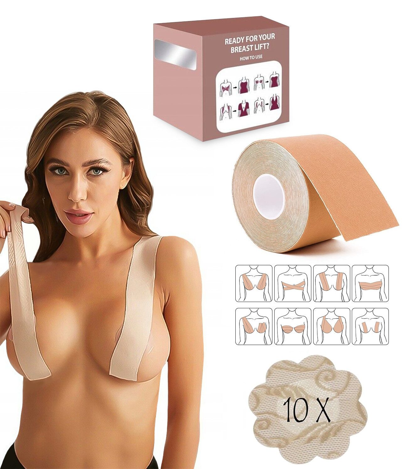 Bügelloser BH Boob Tape Brustband Klebe BH +10x Brustwarzenabdeckungen sicherer Halt