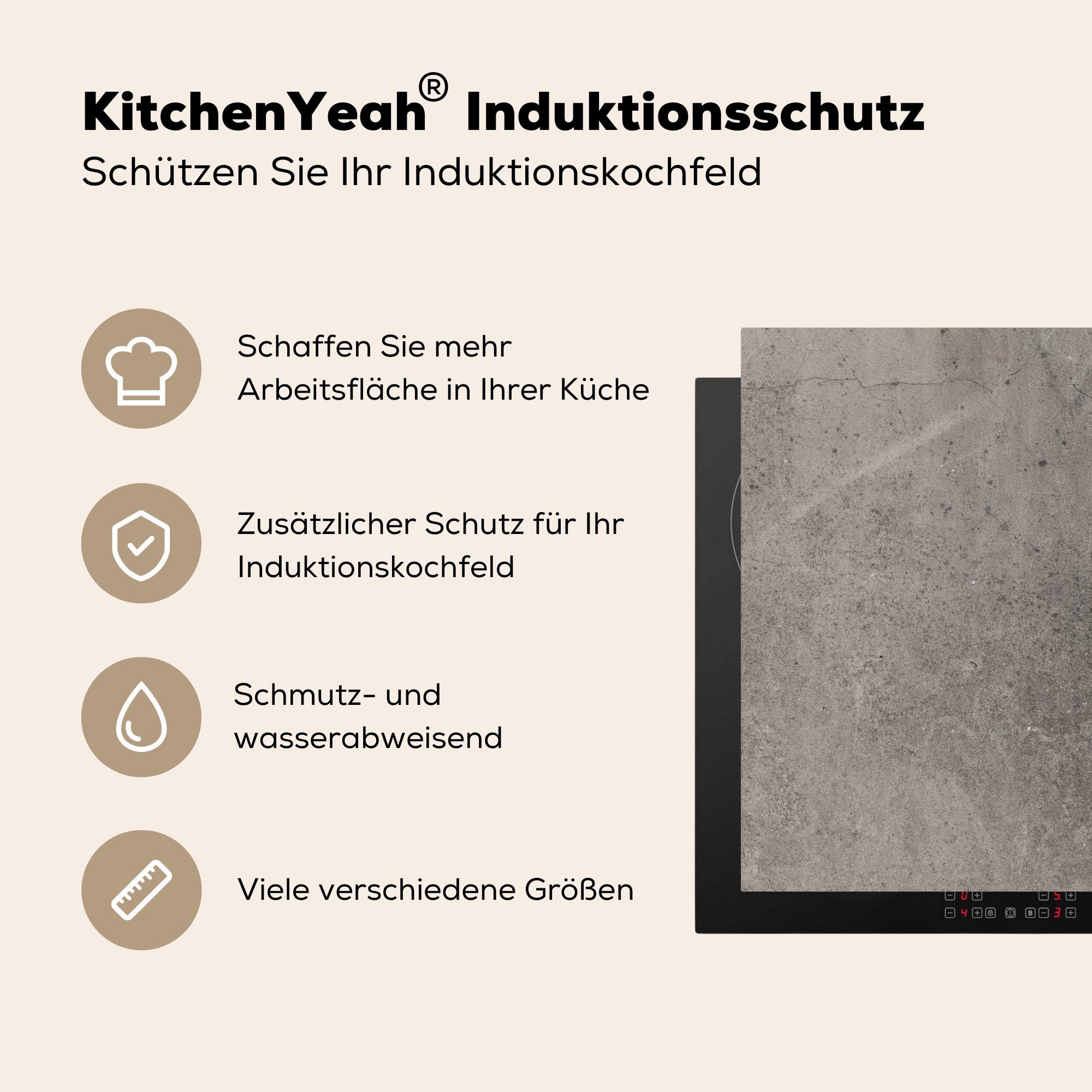 Vinyl, Arbeitsplatte Zement, für - cm, - tlg), Leitung Herdblende-/Abdeckplatte (1 Beton Ceranfeldabdeckung, 78x78 küche MuchoWow