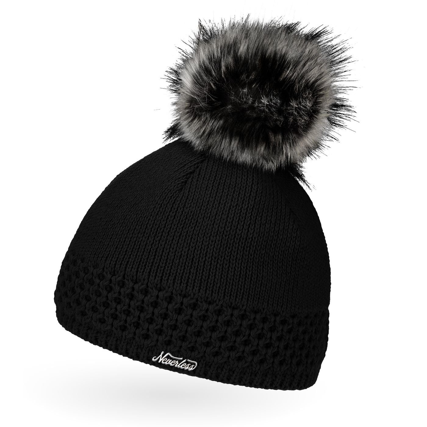 Bommelmütze Damen Strickmütze gefüttertert Fell-Bommel Kunstfell Winter-Mütze