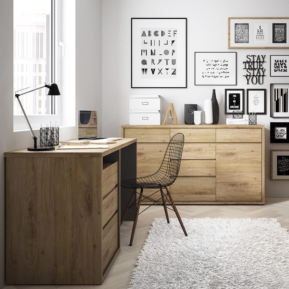 Lomadox Büromöbel-Set SELMA-129, (Spar-Set, 2-tlg., Kommode Schreibtisch), Büro Set mit Schrank Computertisch in Eiche mit grau grifflos