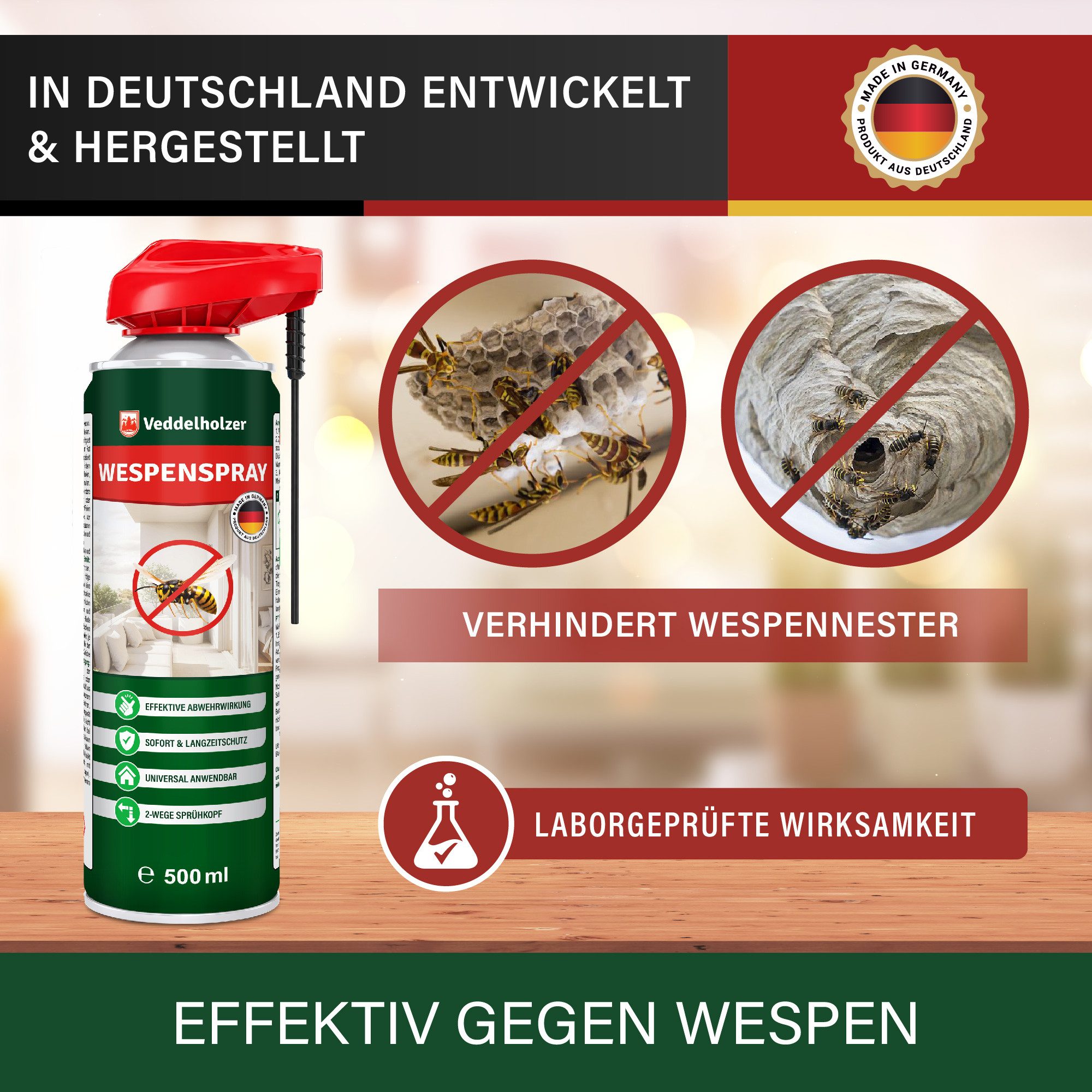 Veddelholzer Wespenspray 500 ml Wespenspray Effektives Wespenspray mit Sofortwirkung Wespen, 500 ml, gegen Wespen im Haus, Garten & auf der Terrasse – Bild 5 von 5