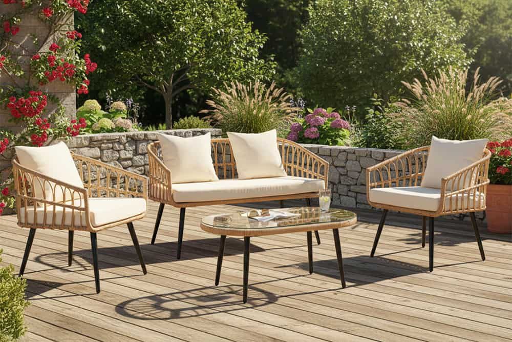 riess-ambiente Sitzgruppe PARIS natur / schwarz · inkl. Wechselbezügen (grau / creme), (Set, 4-tlg), Gartenmöbel · Rattan · Lounge · Terrasse · Balkon · Tisch · Outdoor