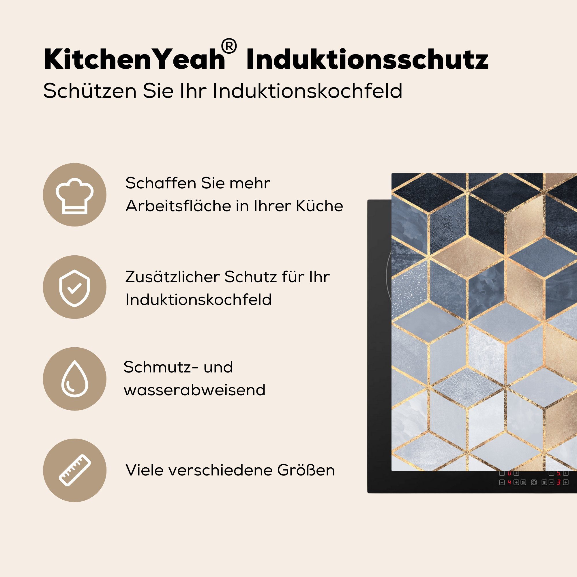 Induktionskochfeld küche, - Gold Schutz Muster, die MuchoWow 81x52 Ceranfeldabdeckung Würfel Herdblende-/Abdeckplatte tlg), Vinyl, für cm, (1 -