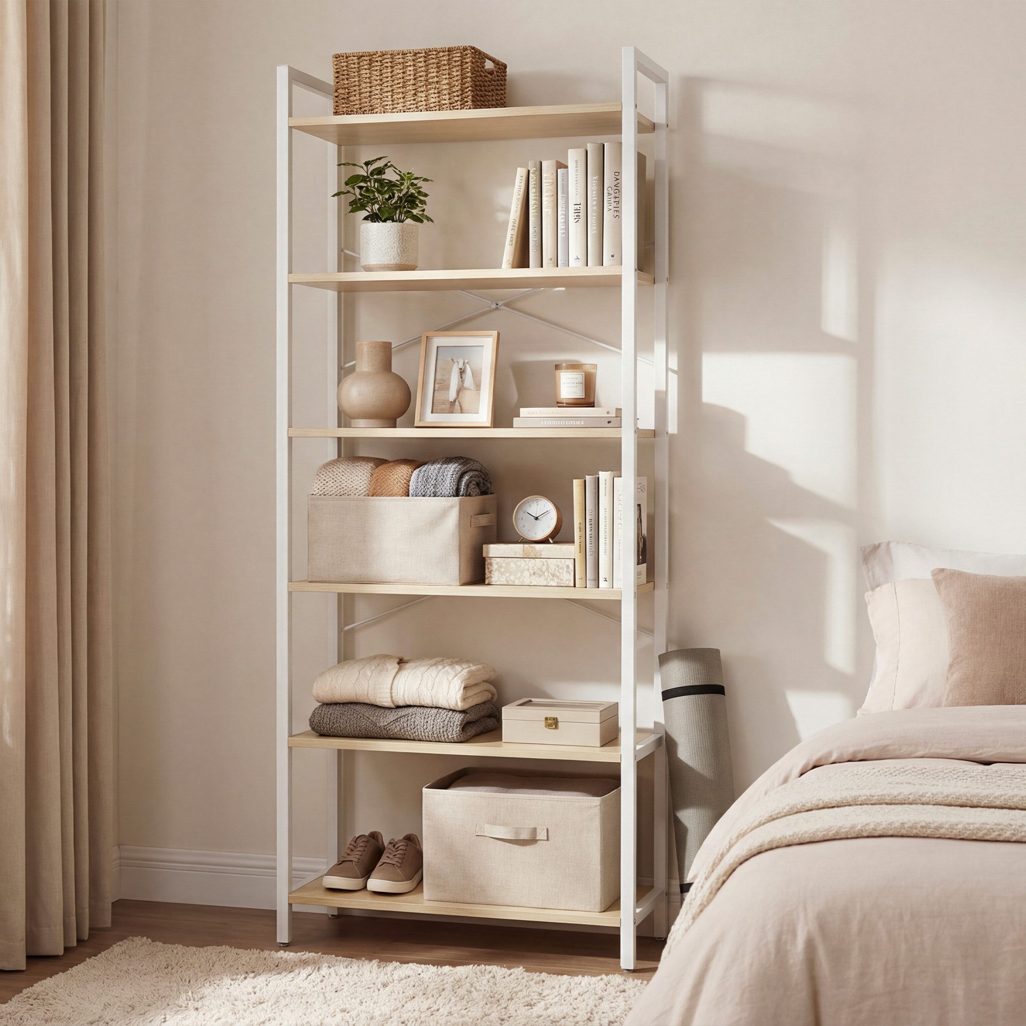 VASAGLE Bücherregal Standregal, DVD-Regal, Büroregal, Büro, Wohnzimmer, Schlafzimmer, Flur, mit 6 Ebenen, offene Ablagen, 64 x 185.5 x 30 cm, beige-weiß