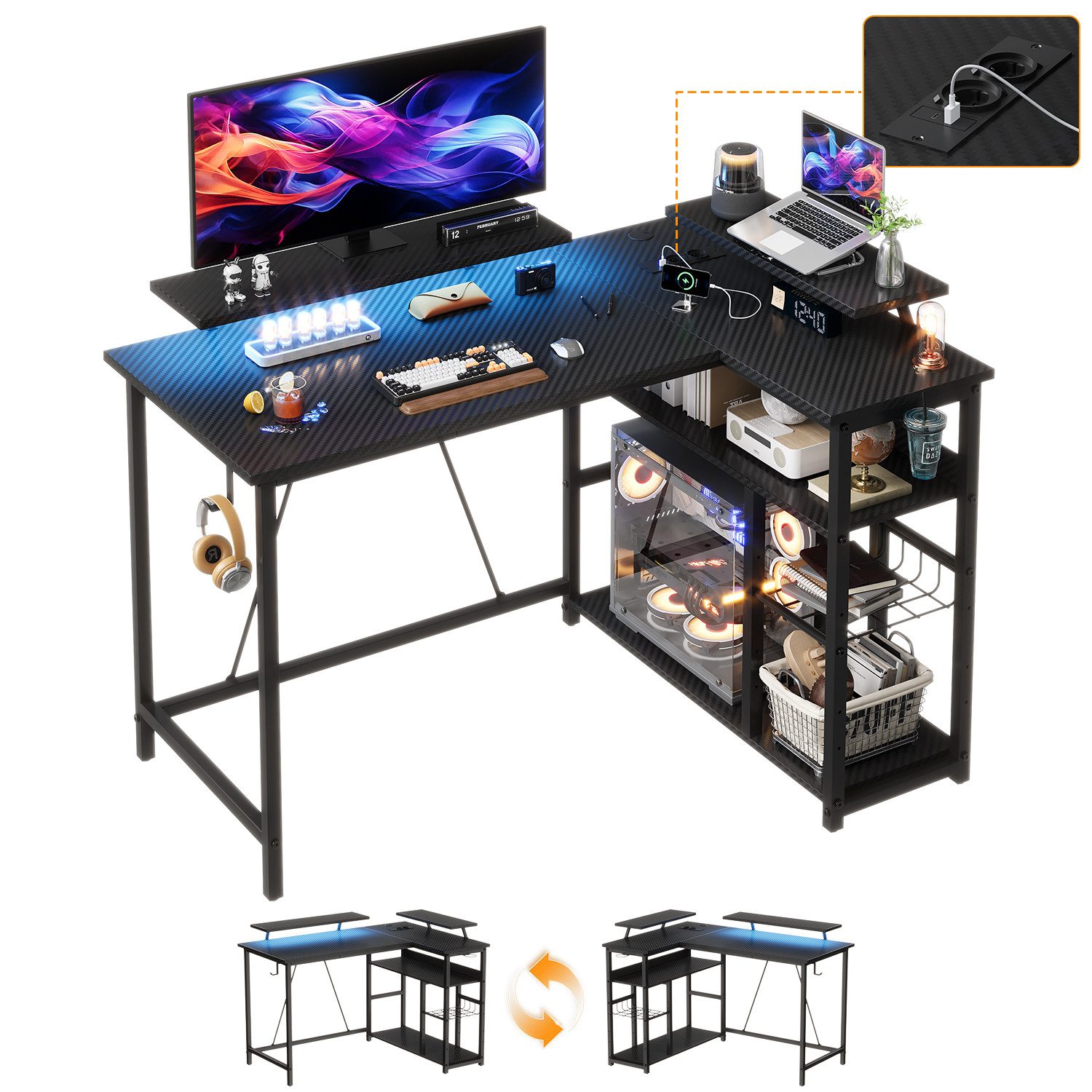 Furnicopia Eckschreibtisch L-förmiger Gaming-Schreibtisch mit Stauraum, Steckdosen und LED (120/140 cm großer Schreibtisch mit zwei Monitorhalterungen, zwei Ablagen, einer verstellbaren Ablage, einem Becherhalter und einem Kopfhörerhalter)