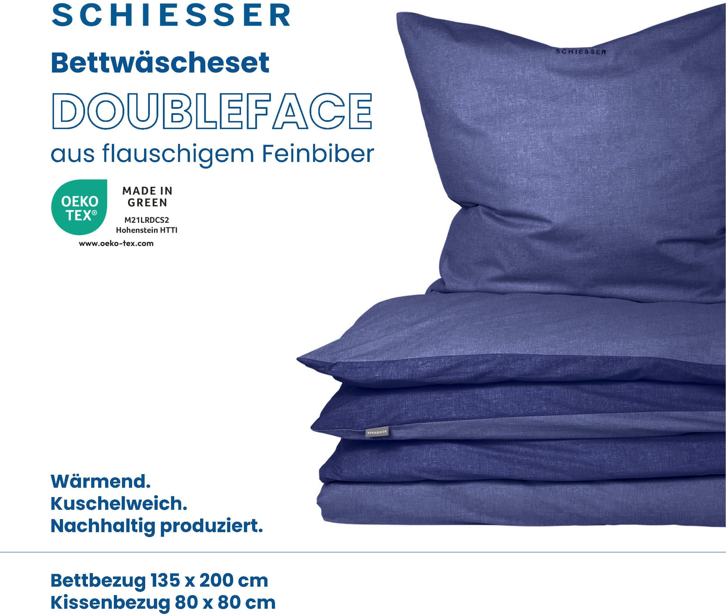 Wendebettwäsche Feinbiber, Schiesser, und Blau 2 Logostickerei teilig, und Doubleface, mit Reißverschluss Dunkelblau
