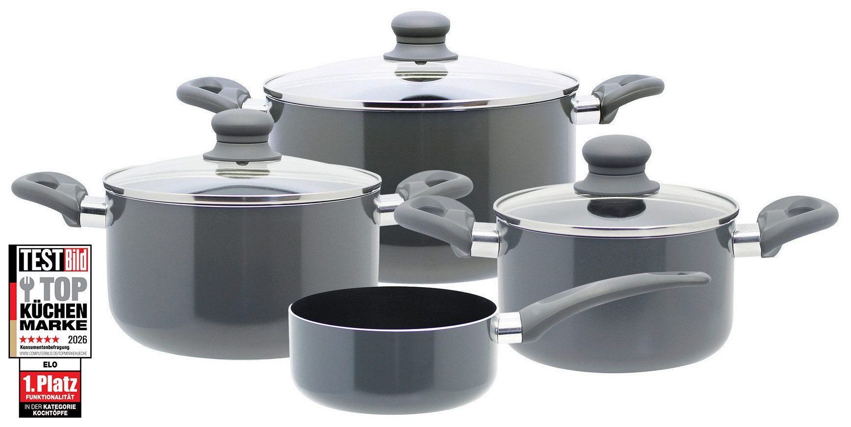 Elo Topf-Set Rhino Topfset 4-teilig, Aluminium (Set, 7-tlg), Hitzeisolierende Softtouch Griffe