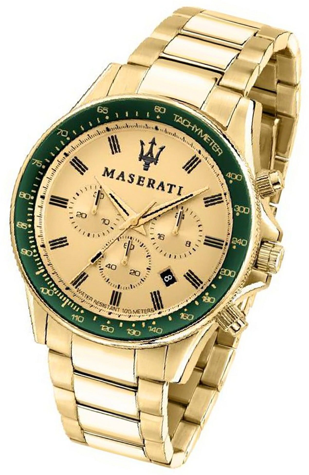 MASERATI Armband-Uhr, Edelstahl rundes groß Herrenuhr (ca. 44mm) gelbgold Maserati Gehäuse, Chronograph Edelstahlarmband,