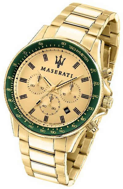 MASERATI Chronograph Maserati Edelstahl Armband-Uhr, Herrenuhr Edelstahlarmband, rundes Gehäuse, groß (ca. 44mm) gelbgold