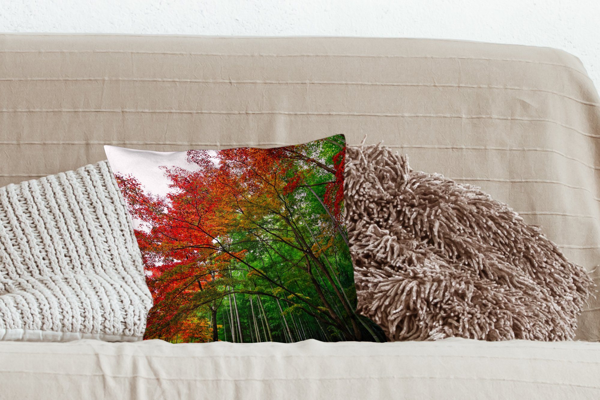 Sofakissen im Viele Japan, Deko, Dekokissen Schlafzimmer, für Farben Wohzimmer, Bambuswald von Füllung Zierkissen mit MuchoWow Arashiyama