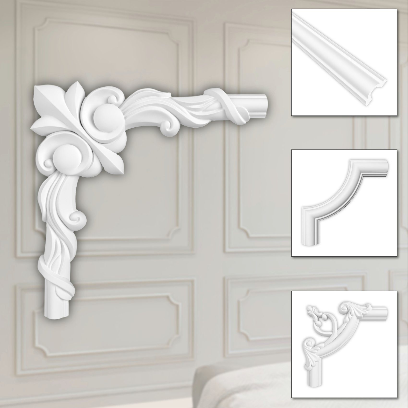 Hexim Zierleiste HCR501-3, 2 Ecken, HEXIM Eckstück aus PU-Polyurethane - extrem widerstandsfähig, schneeweiß & modern (2 Stück HCR501-3) Wandkasetten Stuckrahmen Rahmung Wandvertäfelung HCR501-3 - 128 x 128 mm